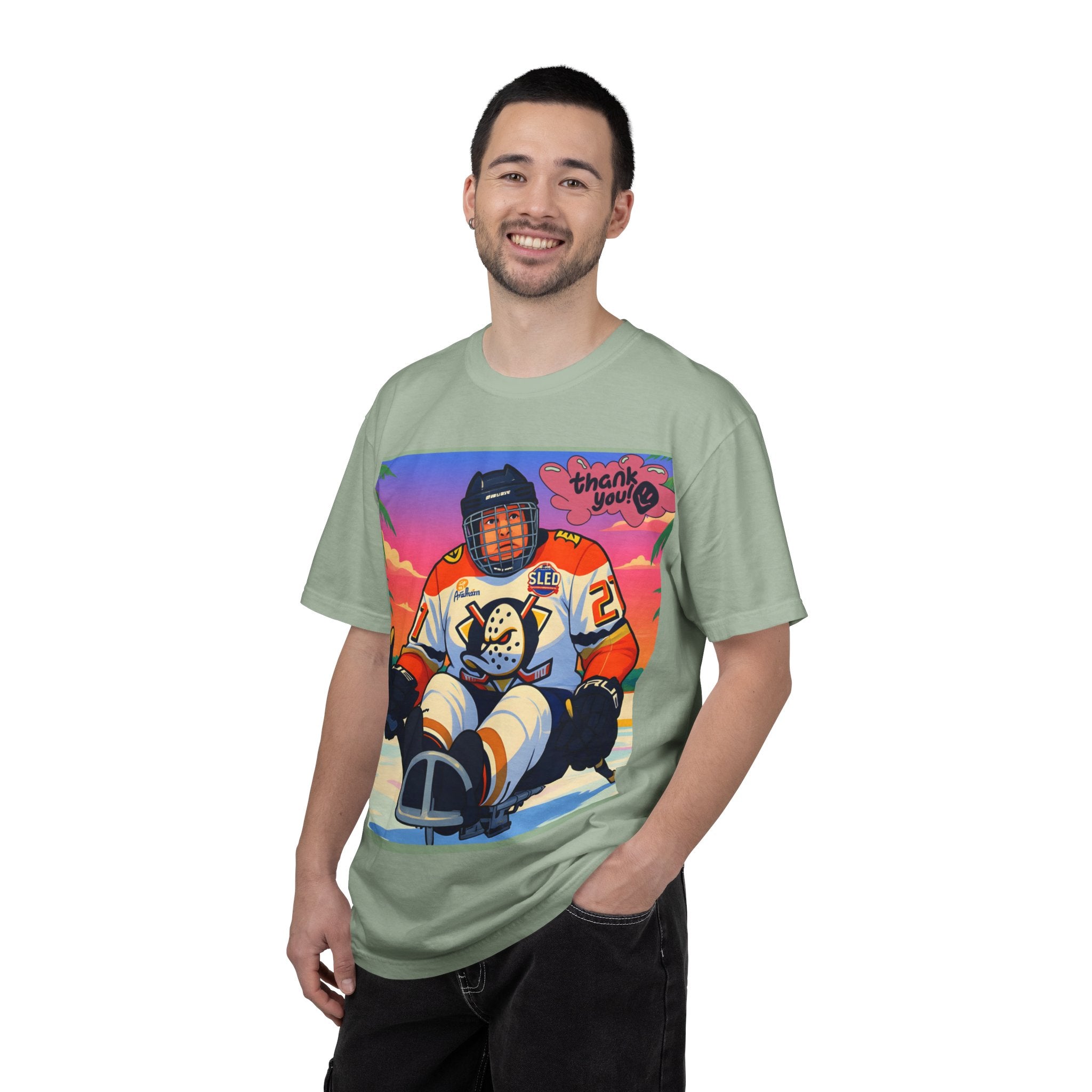 Hockey Tropics T‑Shirt — Sled Hockey Player with "Thank You" Graphic