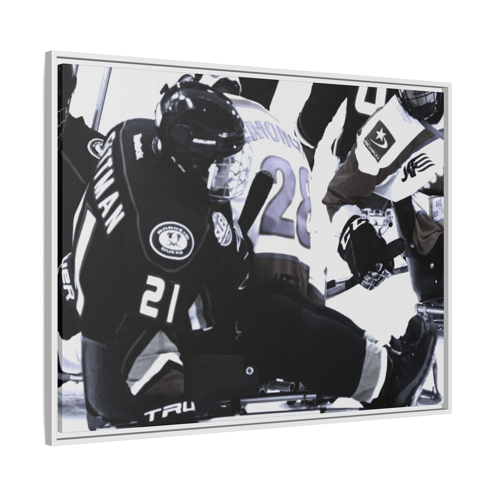Framed Hockey Action Matte Canvas Print — Black & White Sports Wall Art