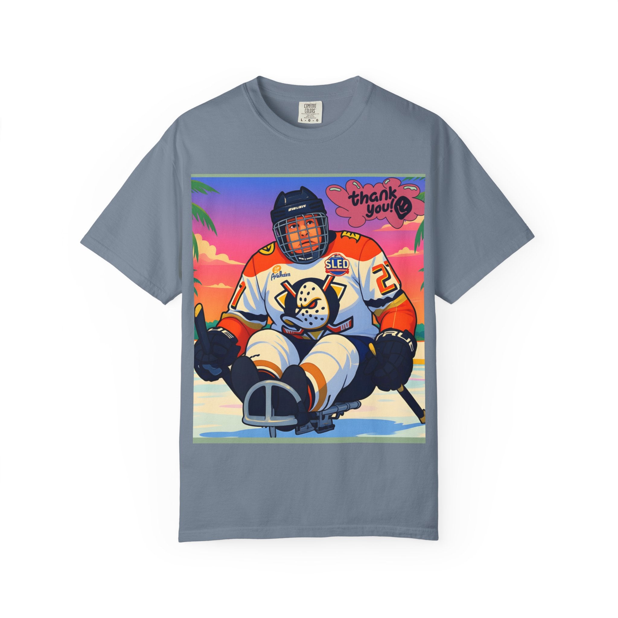Hockey Tropics T‑Shirt — Sled Hockey Player with "Thank You" Graphic