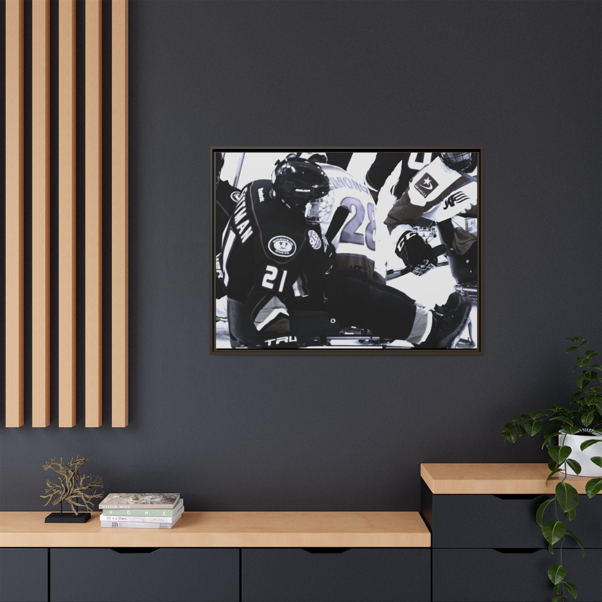 Framed Hockey Action Matte Canvas Print — Black & White Sports Wall Art