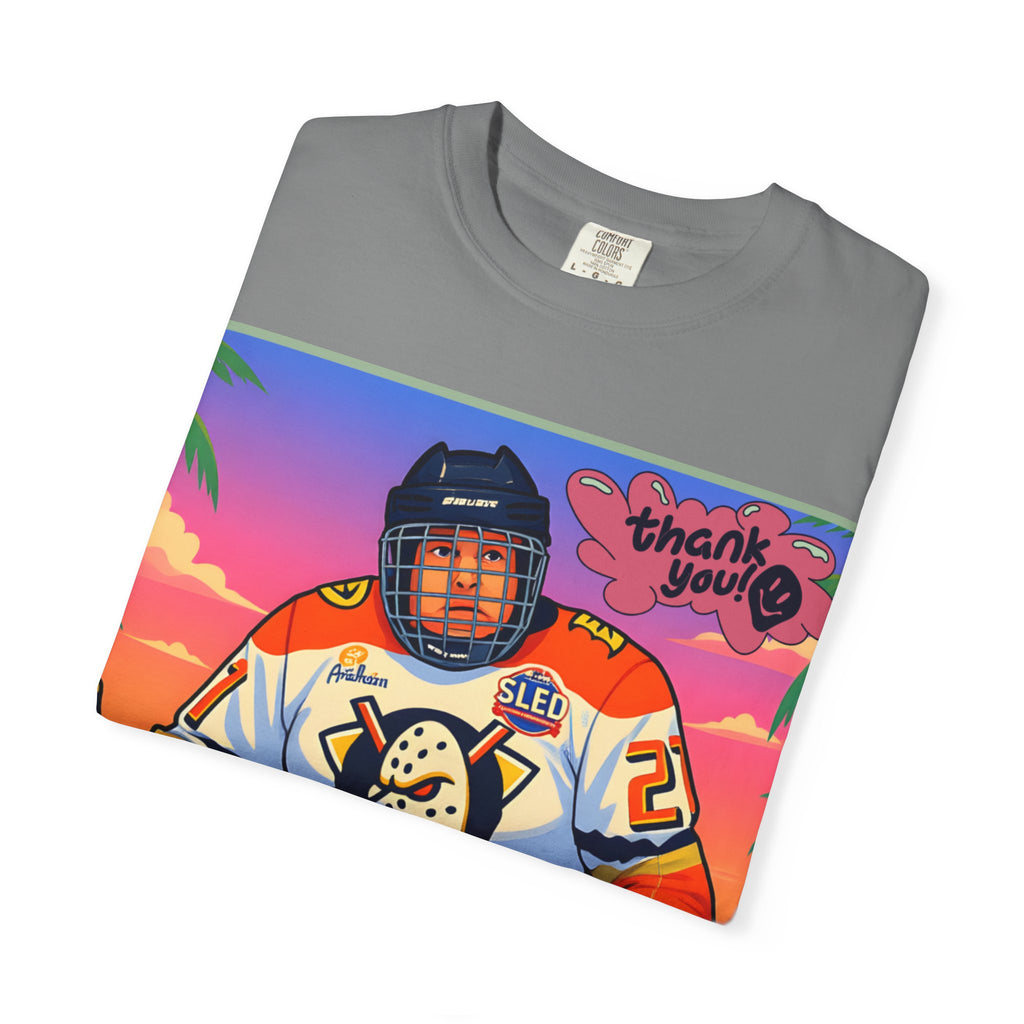 Hockey Tropics T‑Shirt — Sled Hockey Player with "Thank You" Graphic