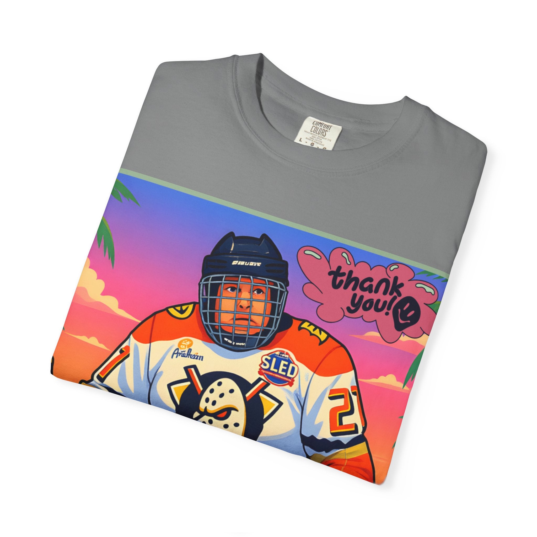 Hockey Tropics T‑Shirt — Sled Hockey Player with "Thank You" Graphic