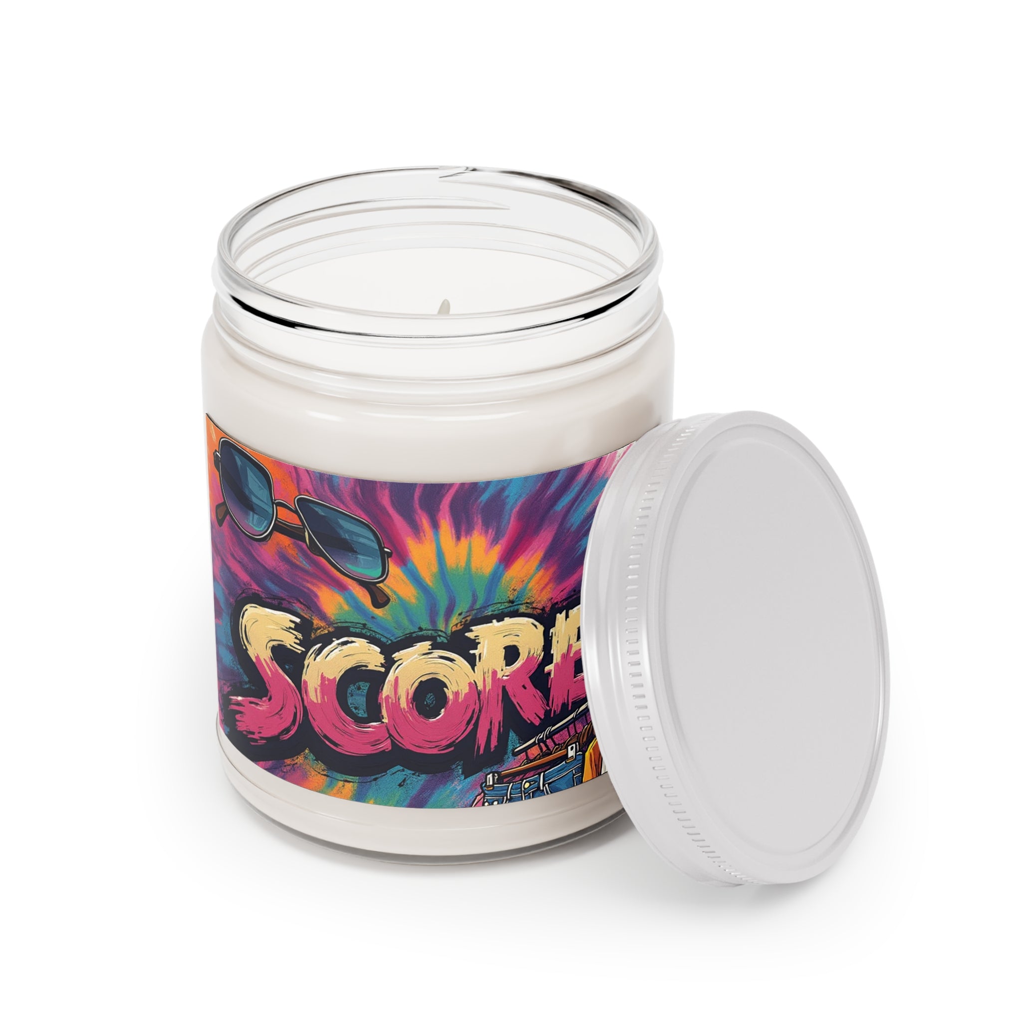 9oz Scented Soy Candle — Tie-Dye "Score" Design (White Lid)