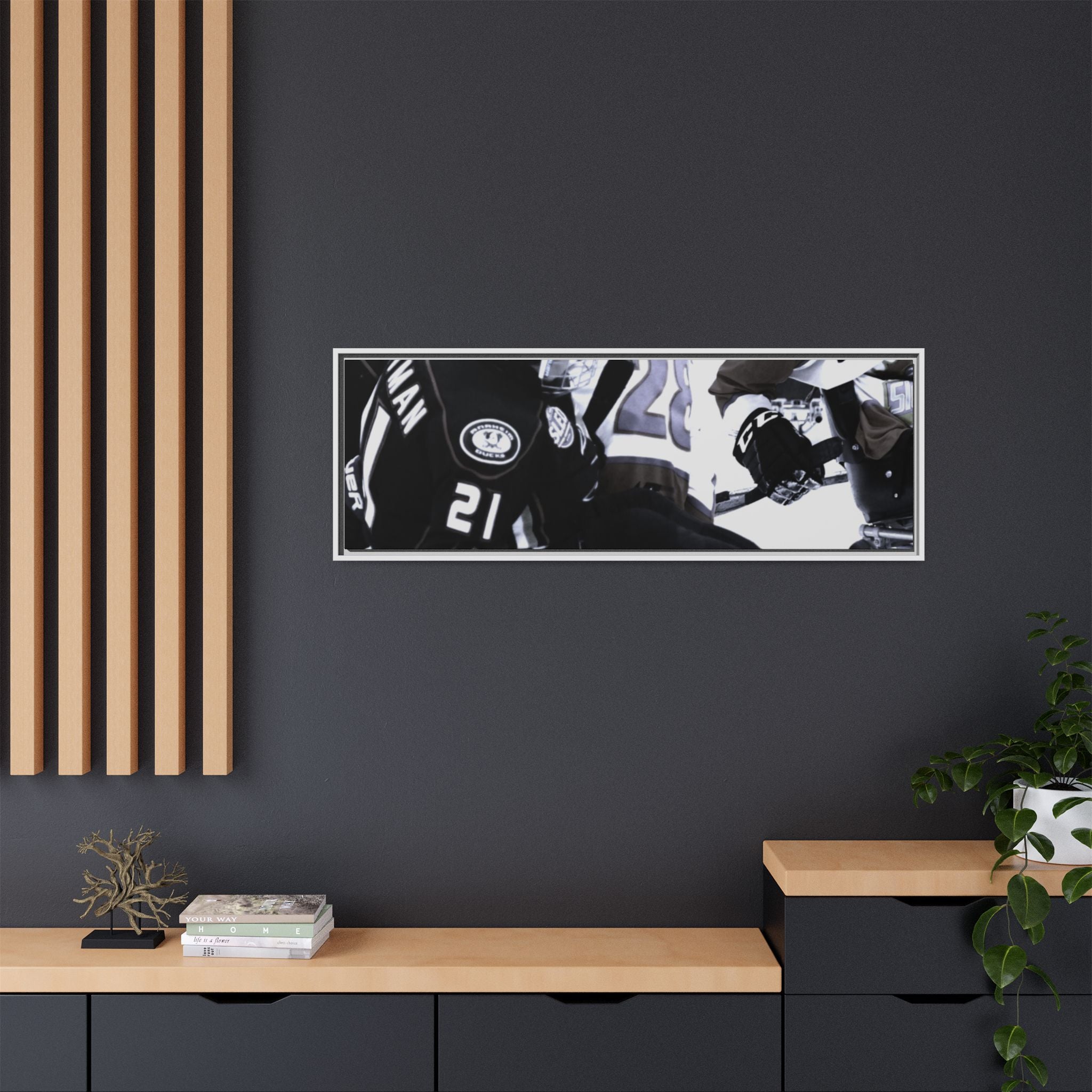 Framed Hockey Action Matte Canvas Print — Black & White Sports Wall Art