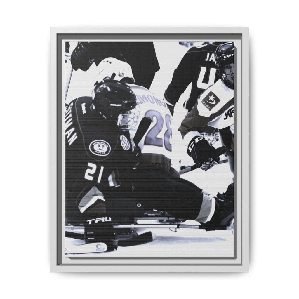 Framed Hockey Action Matte Canvas Print — Black & White Sports Wall Art