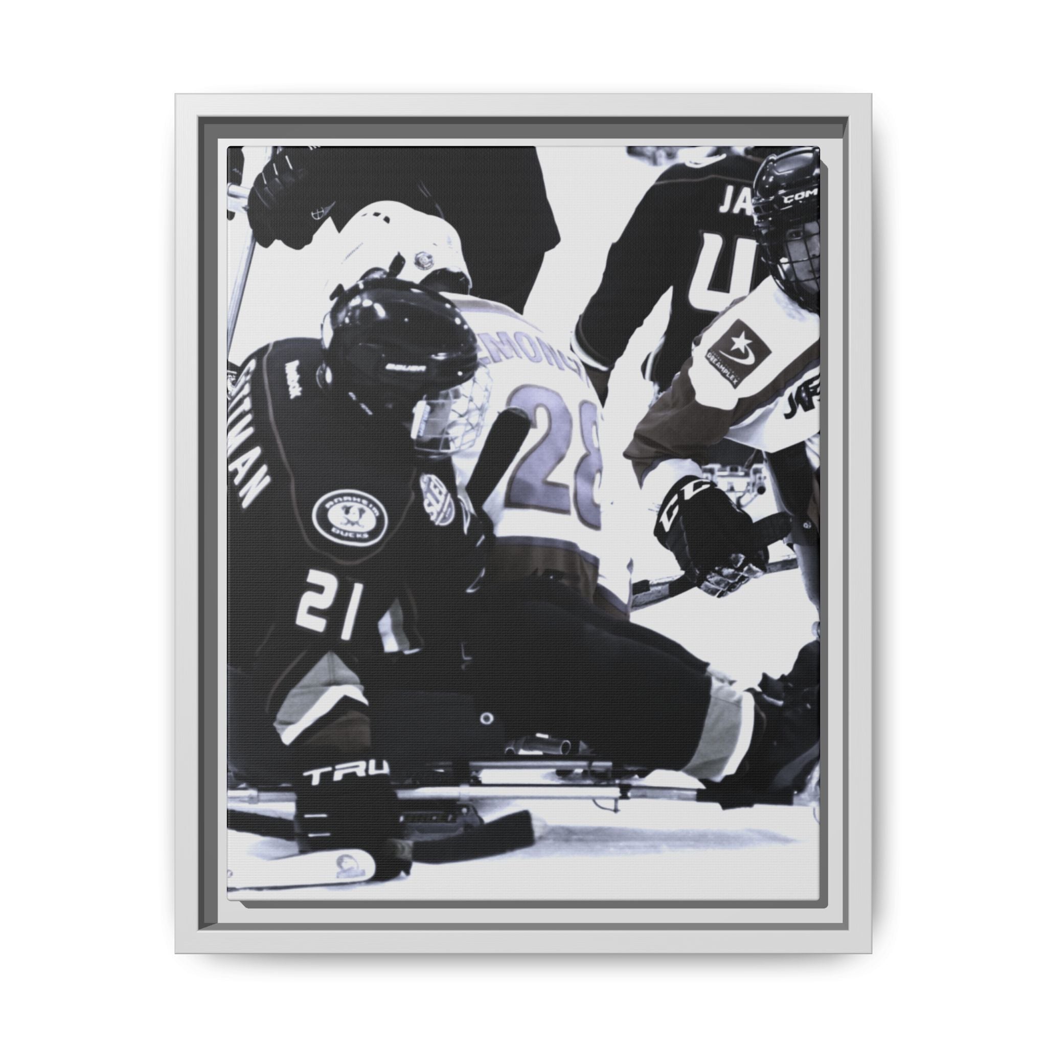 Framed Hockey Action Matte Canvas Print — Black & White Sports Wall Art