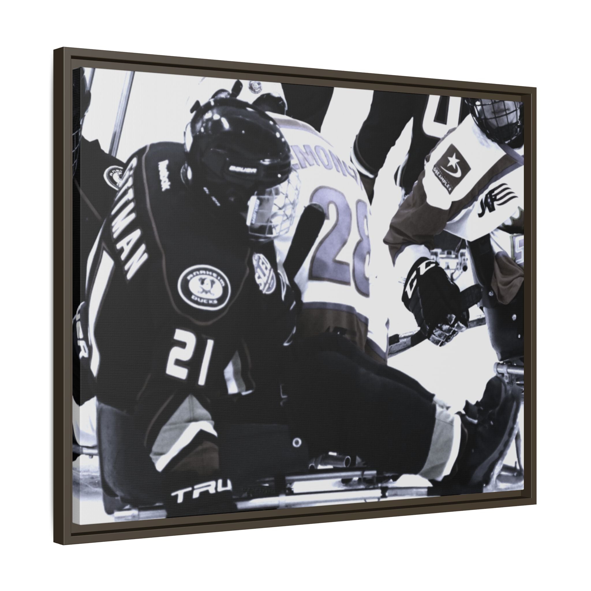 Framed Hockey Action Matte Canvas Print — Black & White Sports Wall Art