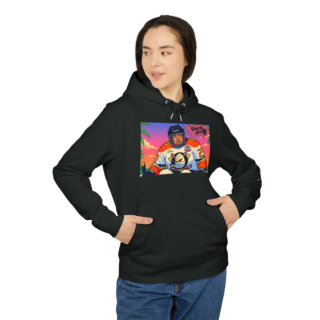 Hockey Player Graphic Hoodie — Retro Sunset Skate Design