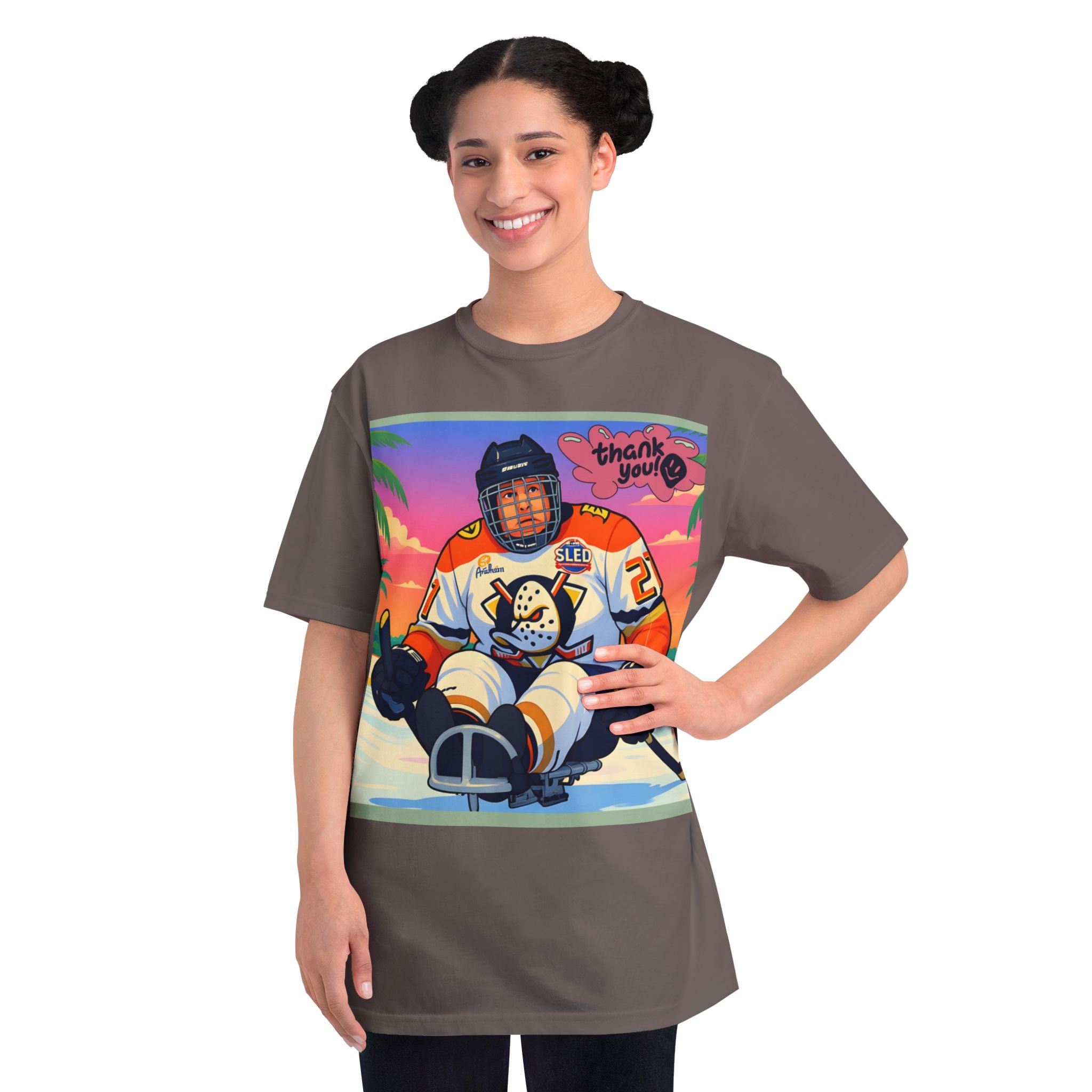 Hockey Sled Player Retro Sunset T-Shirt — 'thank you' Graphic