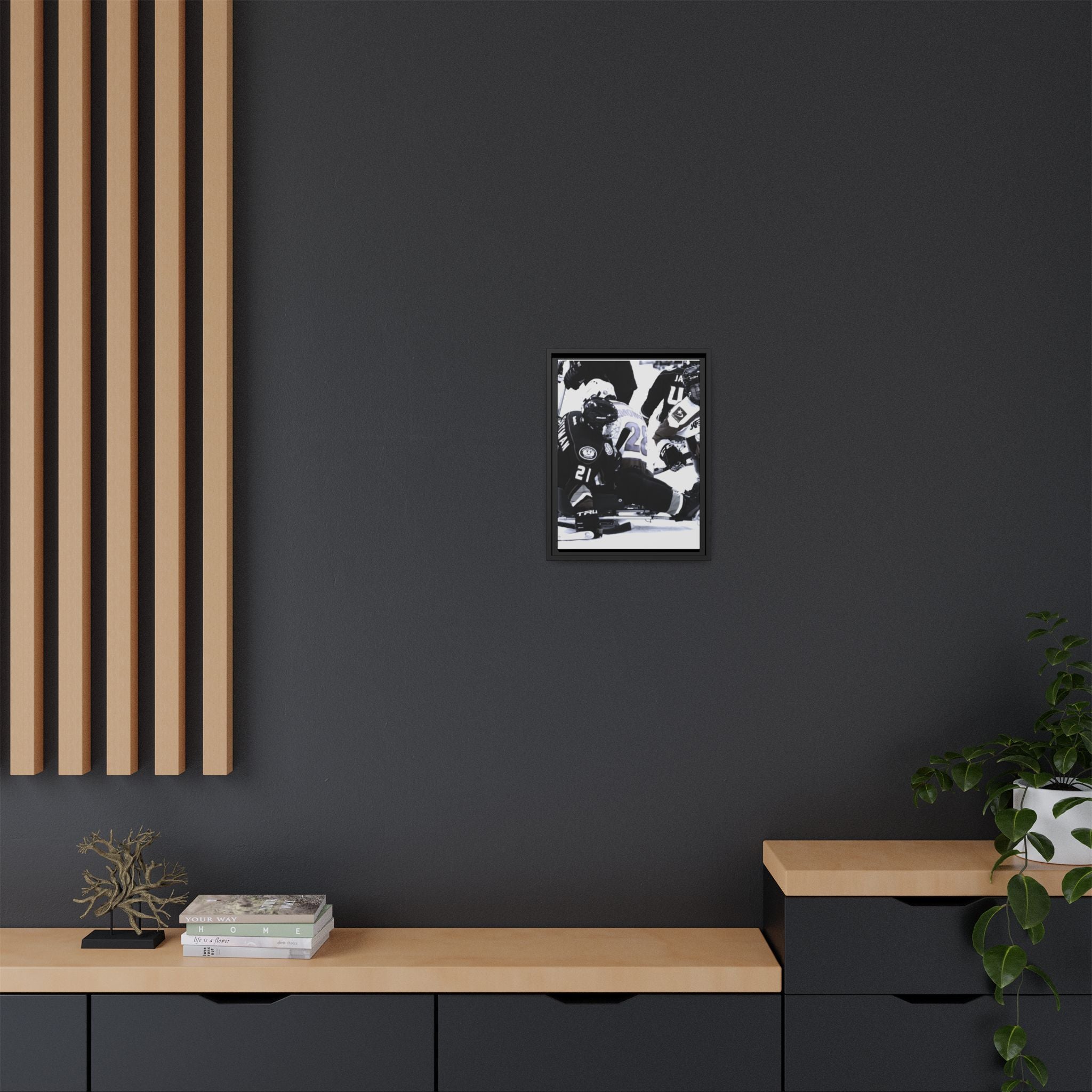 Framed Hockey Action Matte Canvas Print — Black & White Sports Wall Art