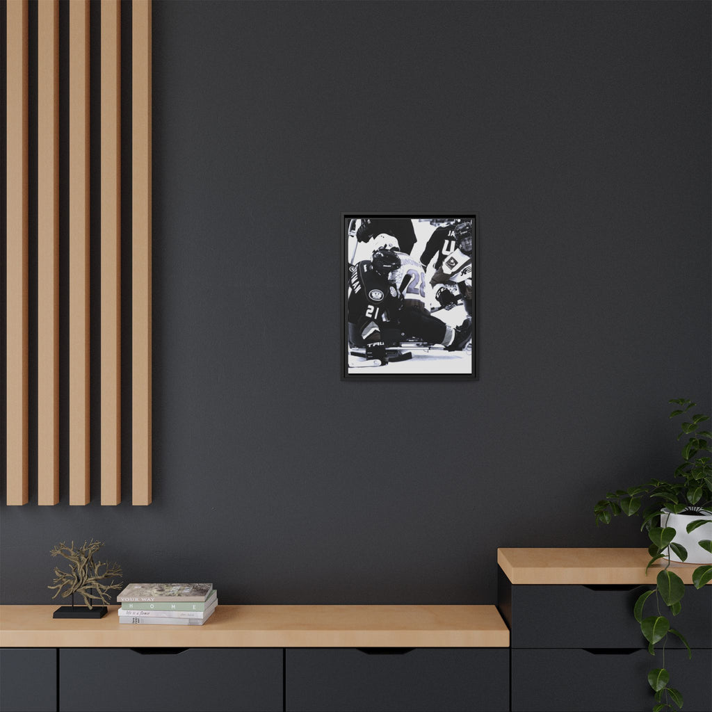 Framed Hockey Action Matte Canvas Print — Black & White Sports Wall Art