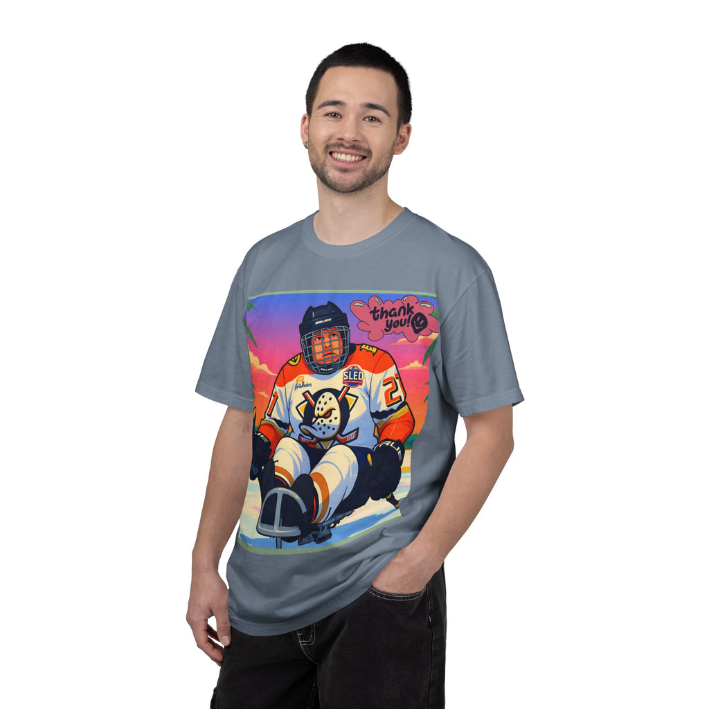 Hockey Tropics T‑Shirt — Sled Hockey Player with "Thank You" Graphic