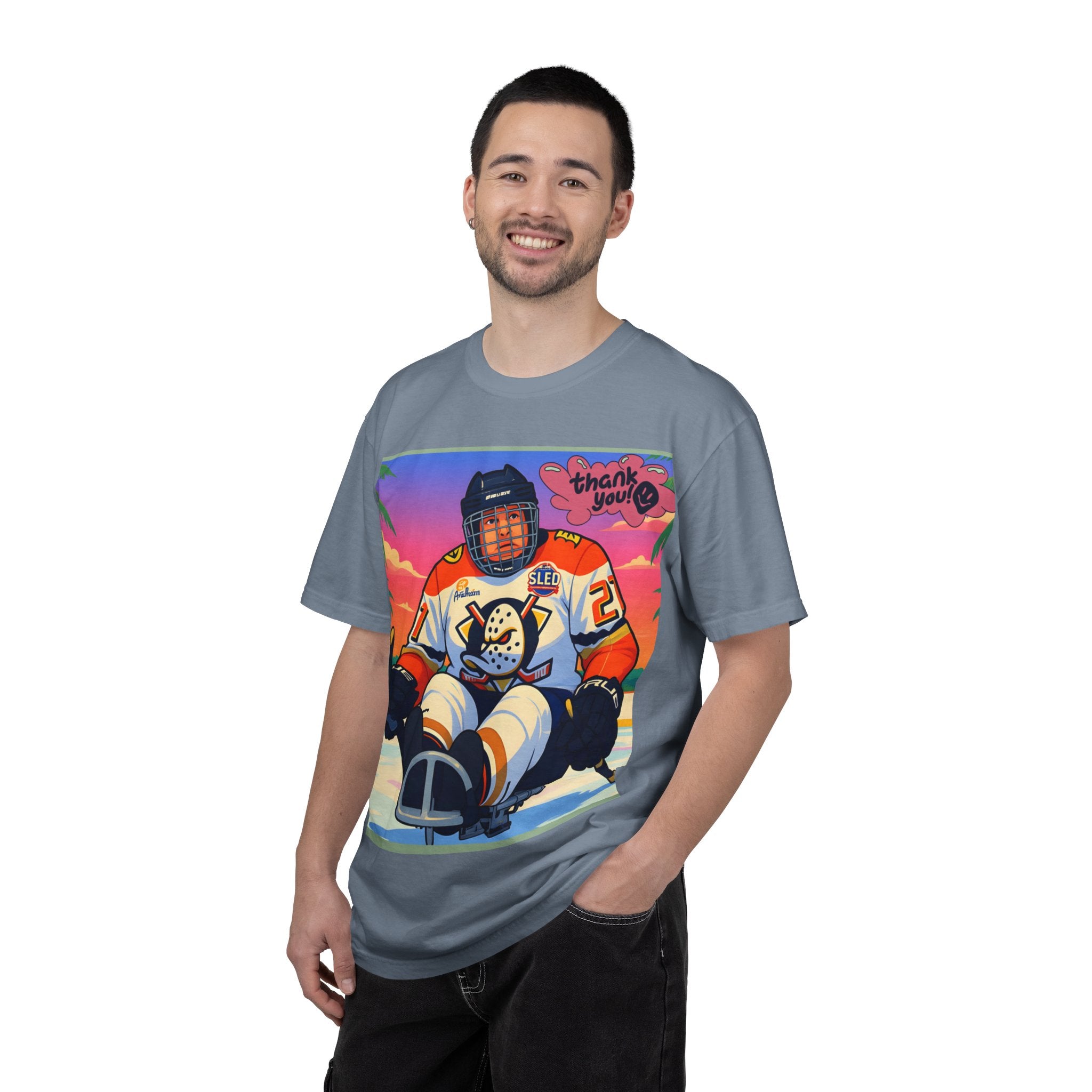 Hockey Tropics T‑Shirt — Sled Hockey Player with "Thank You" Graphic