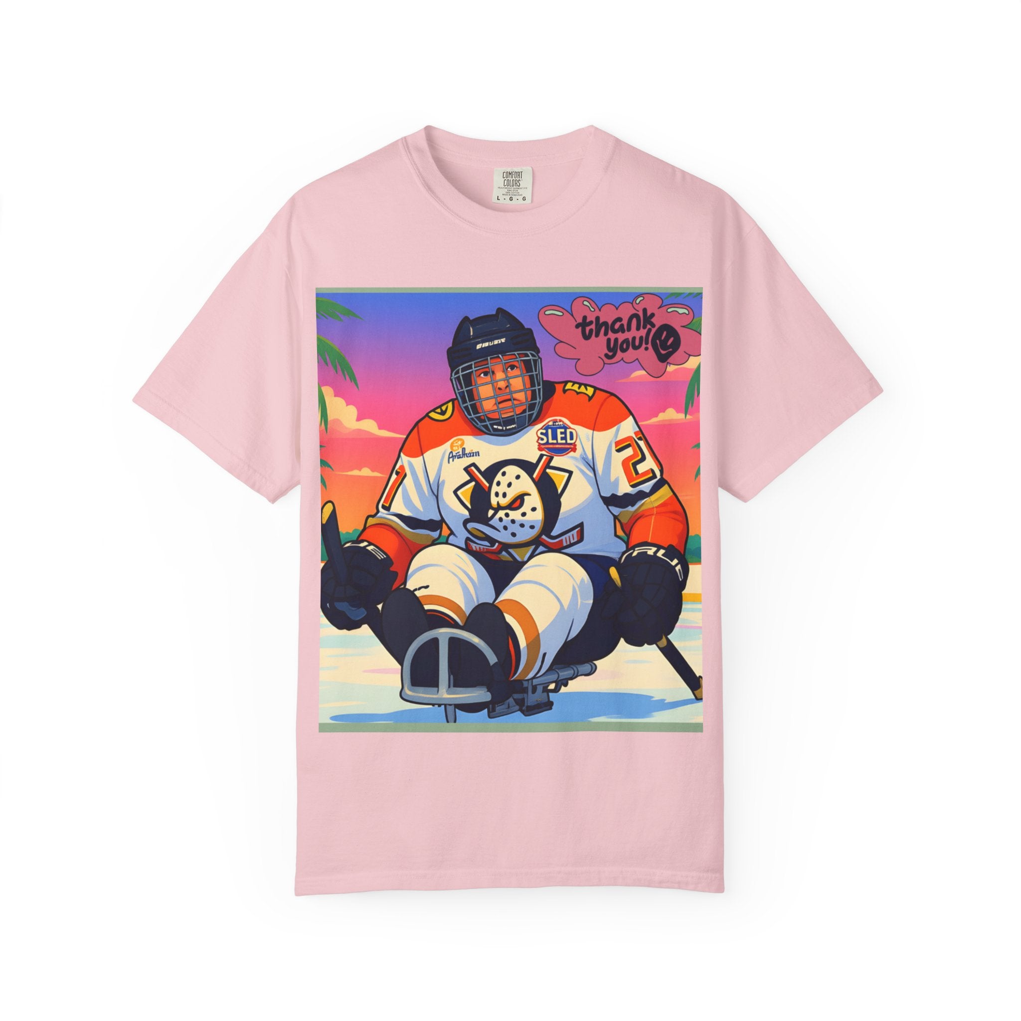 Hockey Tropics T‑Shirt — Sled Hockey Player with "Thank You" Graphic