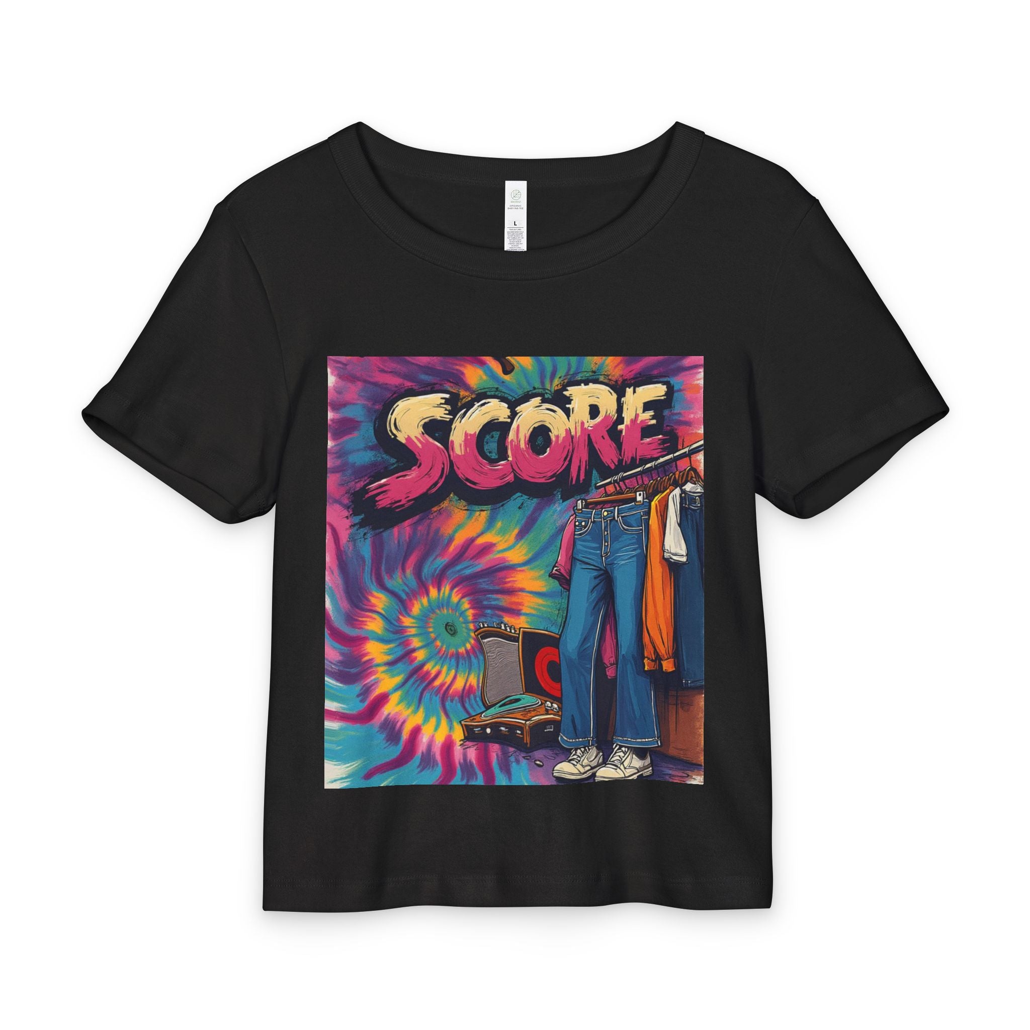 Score Tie-Dye Baby Tee — Retro 90s Skate & Vinyl Graphic