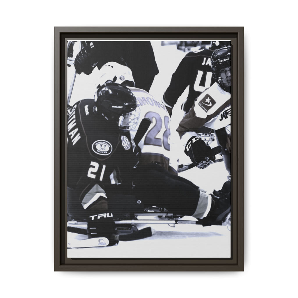 Framed Hockey Action Matte Canvas Print — Black & White Sports Wall Art