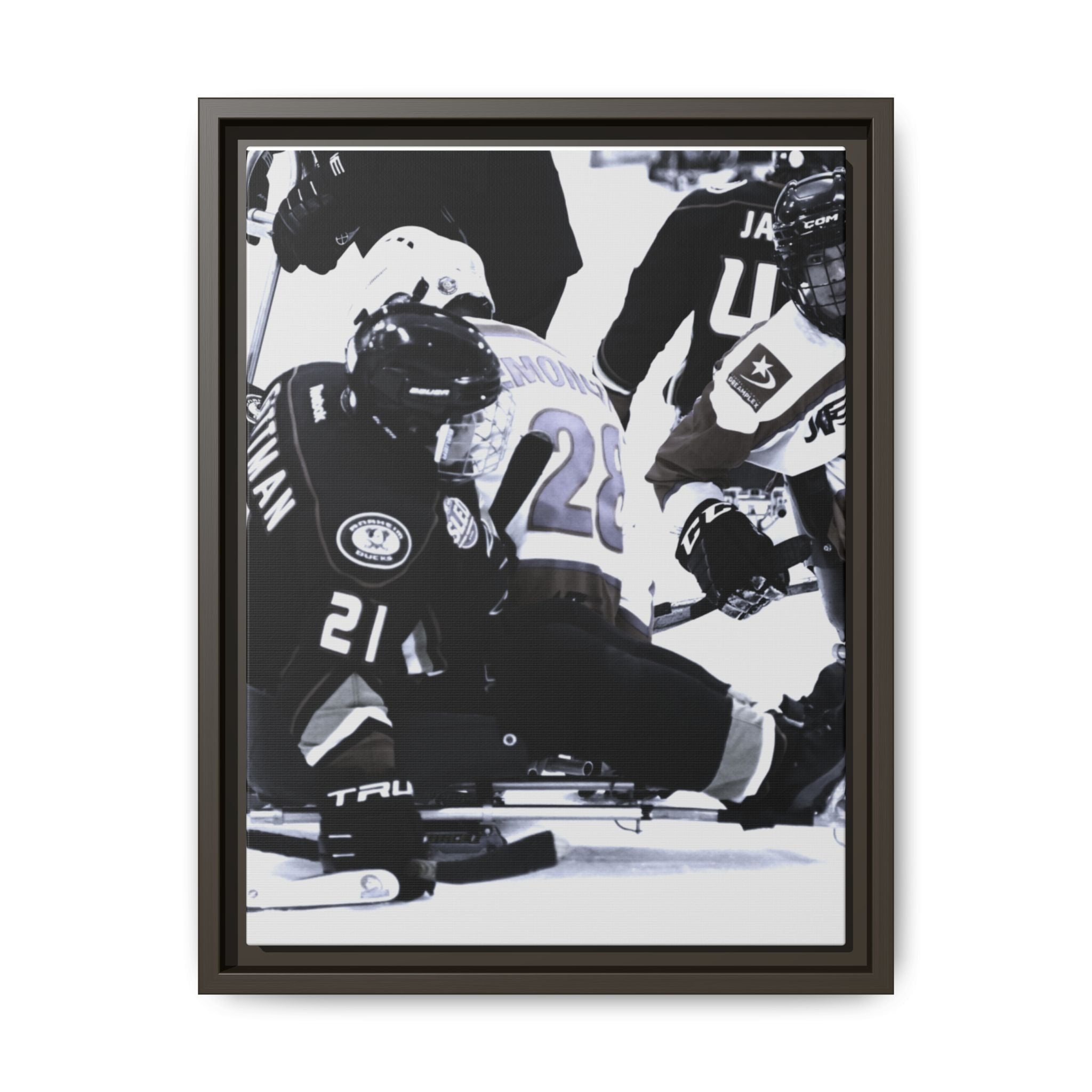 Framed Hockey Action Matte Canvas Print — Black & White Sports Wall Art