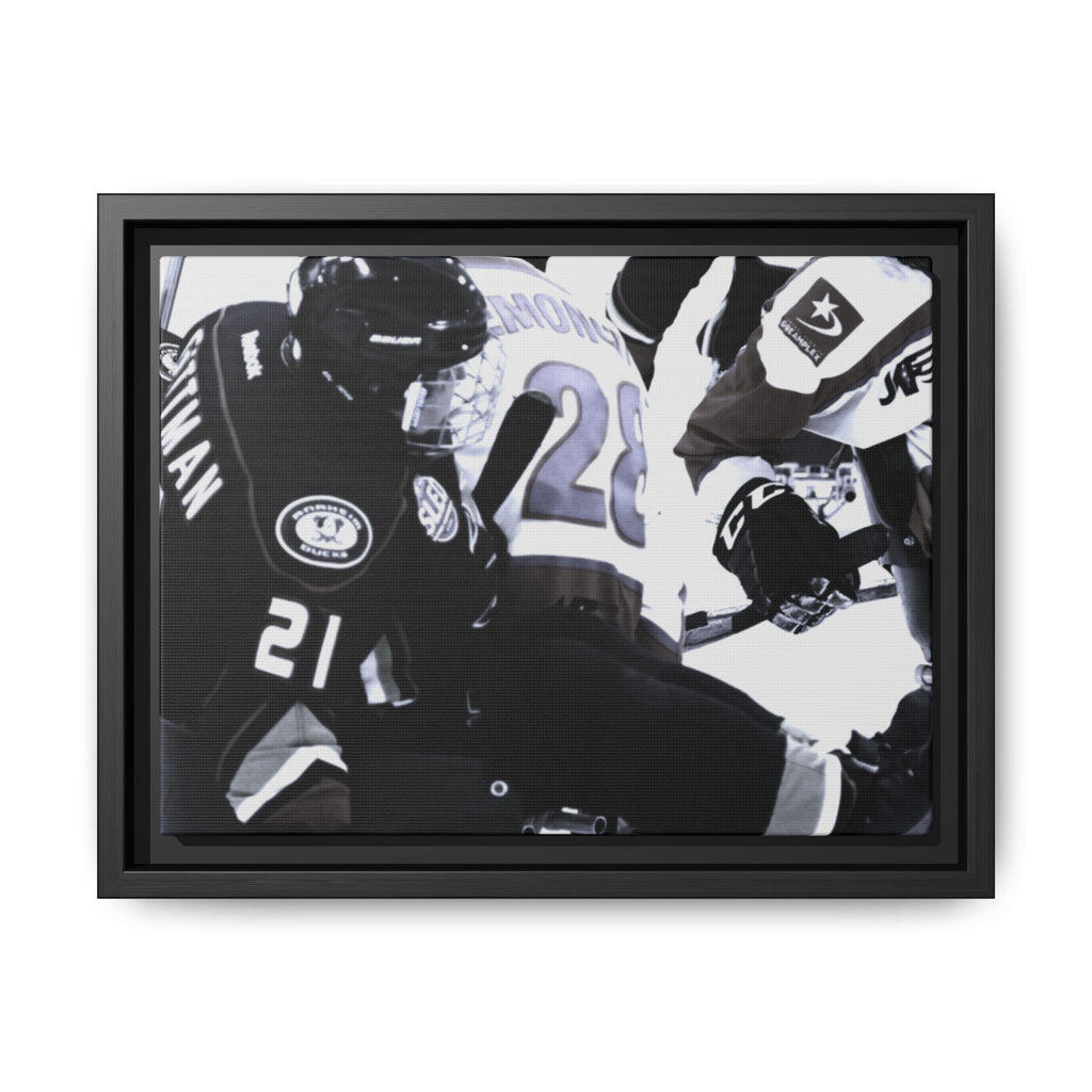 Framed Hockey Action Matte Canvas Print — Black & White Sports Wall Art