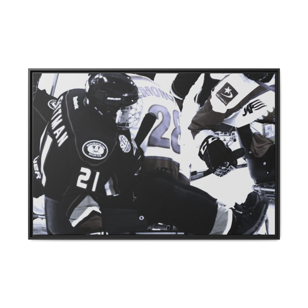 Framed Hockey Action Matte Canvas Print — Black & White Sports Wall Art