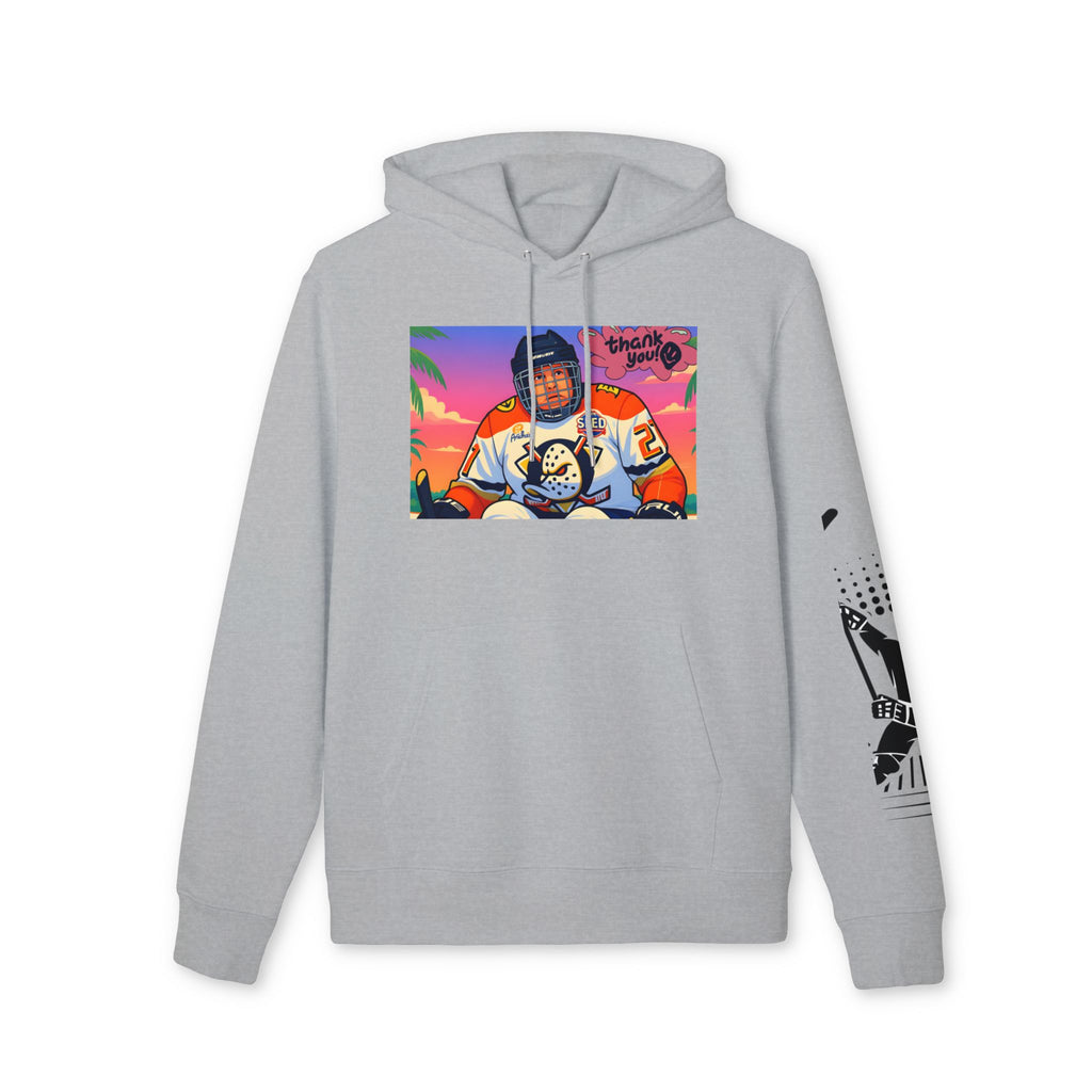 Hockey Player Graphic Hoodie — Retro Sunset Skate Design