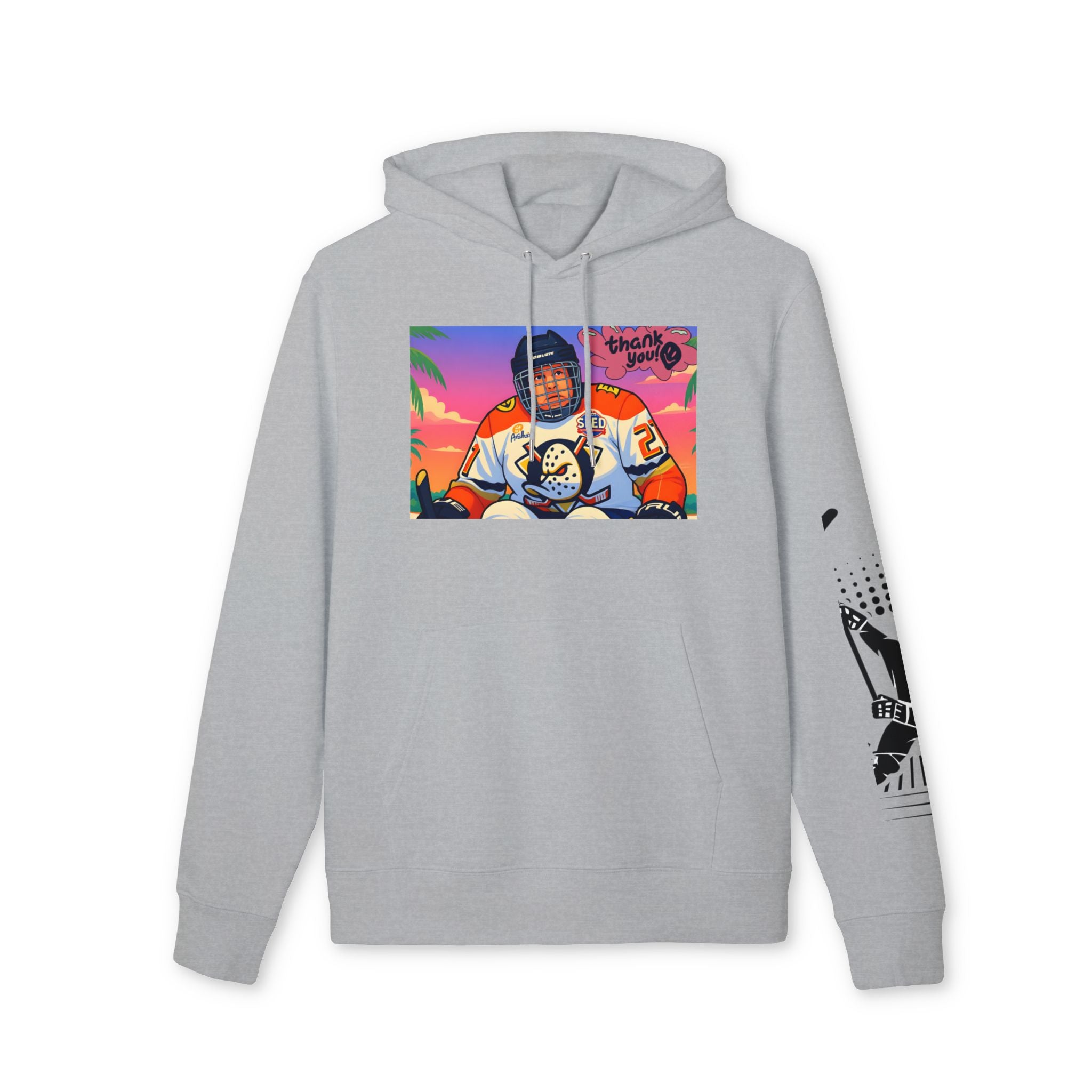 Hockey Player Graphic Hoodie — Retro Sunset Skate Design