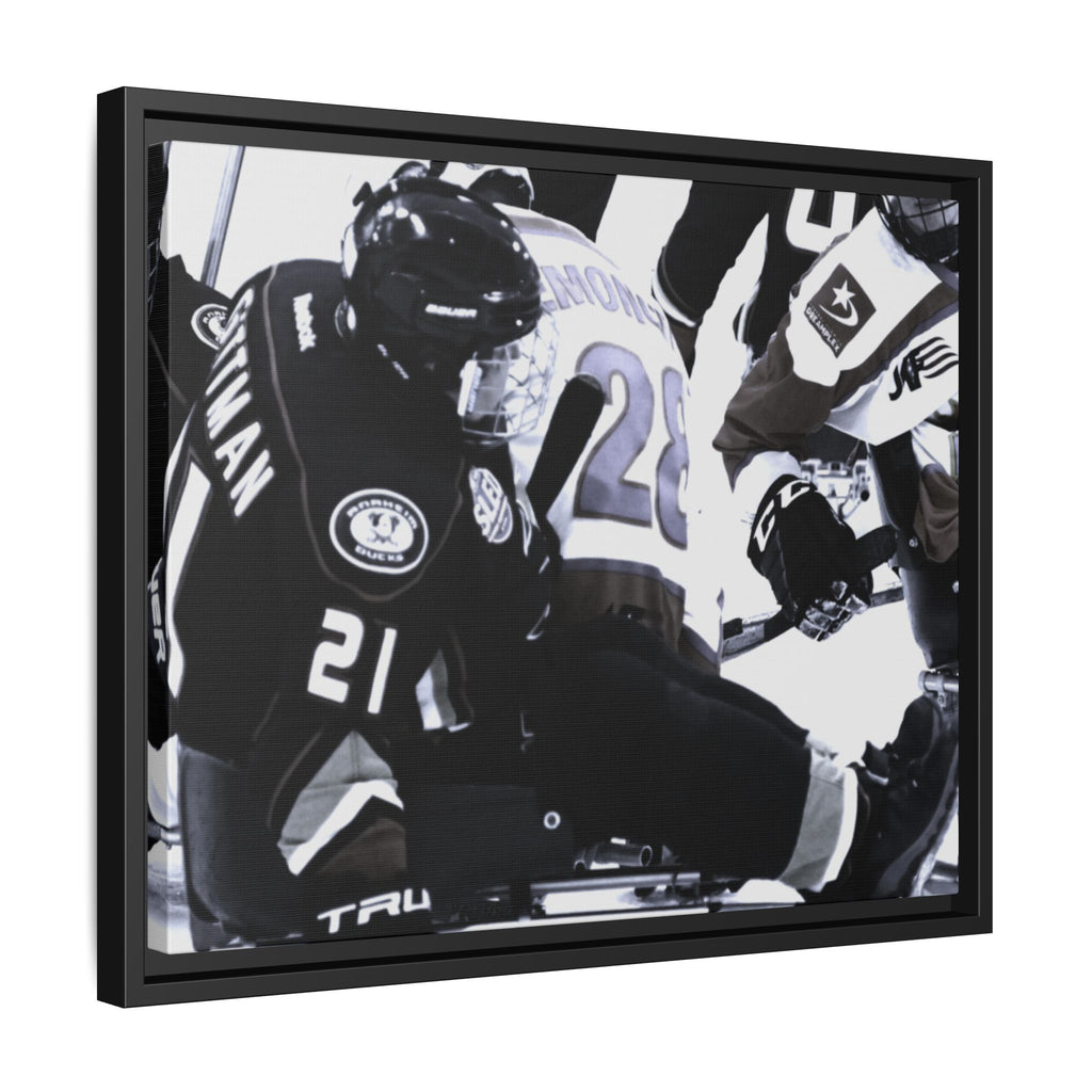 Framed Hockey Action Matte Canvas Print — Black & White Sports Wall Art