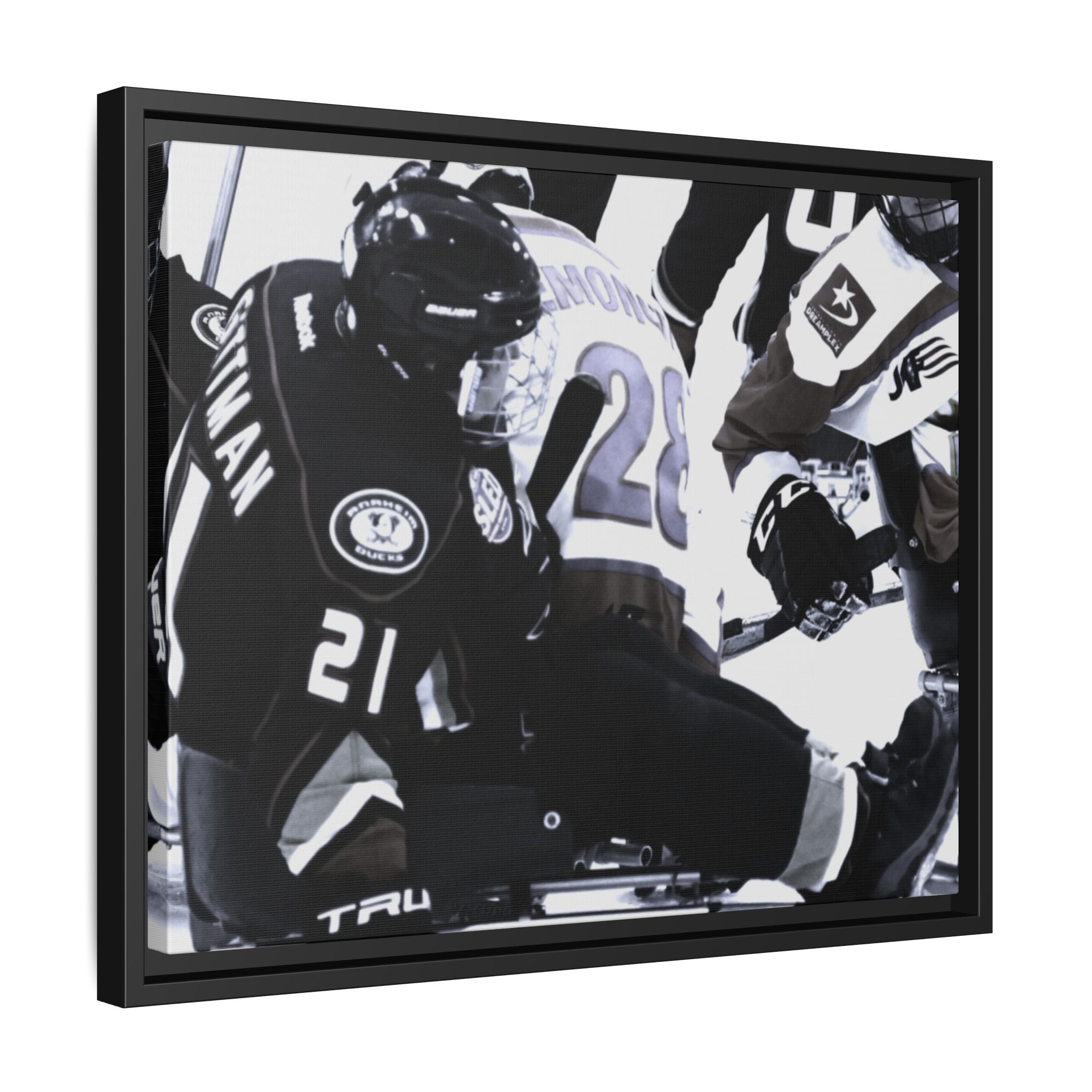 Framed Hockey Action Matte Canvas Print — Black & White Sports Wall Art