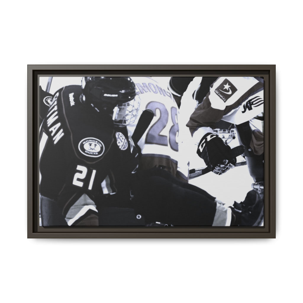 Framed Hockey Action Matte Canvas Print — Black & White Sports Wall Art