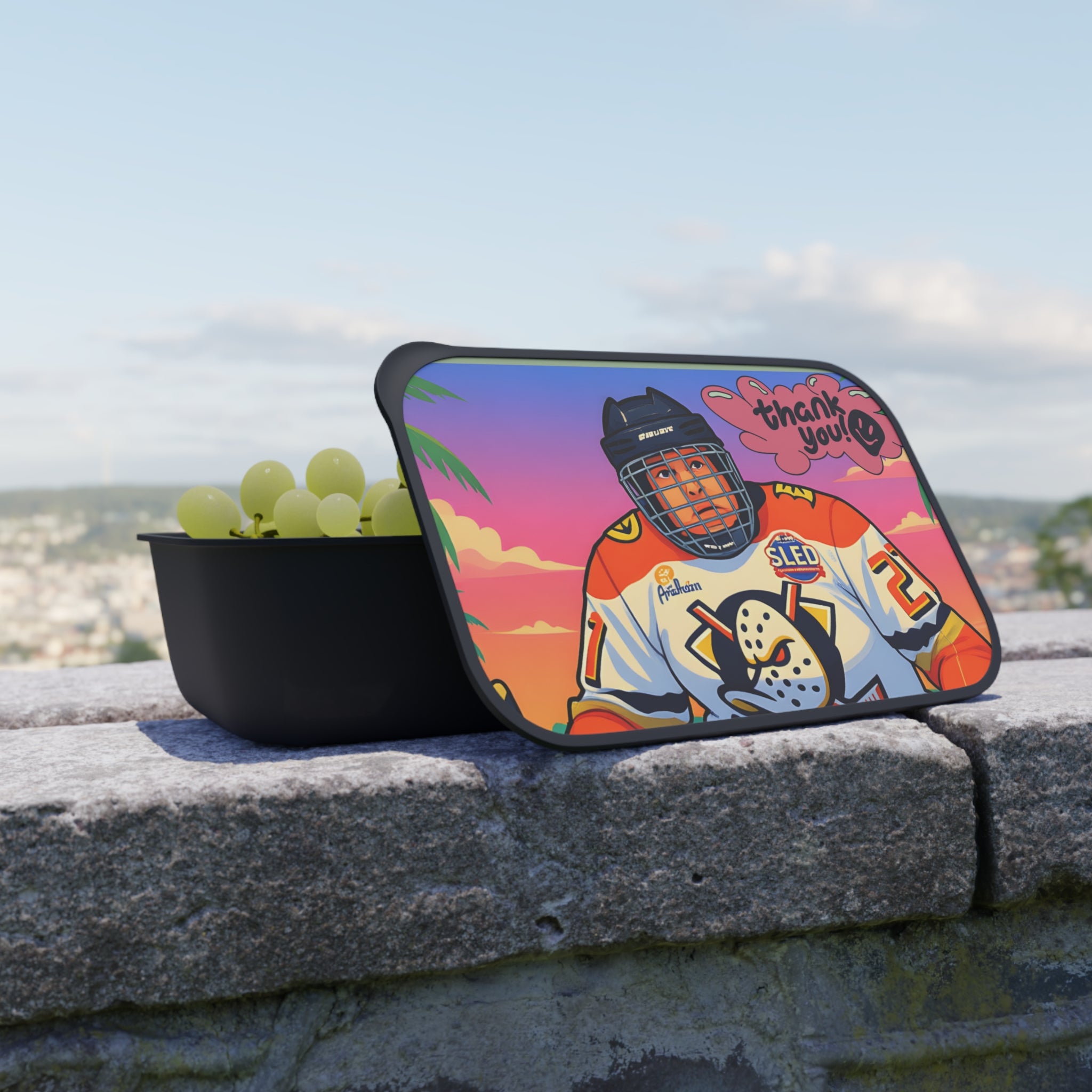 Bento Box — Retro Hockey Player Design (’Thank You!’) with Band & Utensils