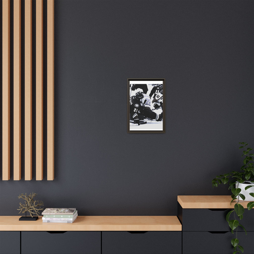 Framed Hockey Action Matte Canvas Print — Black & White Sports Wall Art