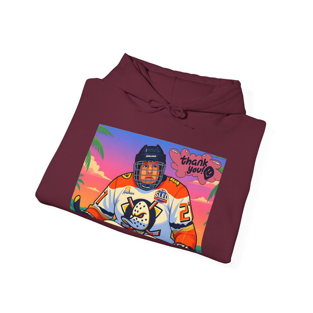 Hockey Player Retro Sunset Hoodie — Vintage Anaheim Skate Jersey Graphic
