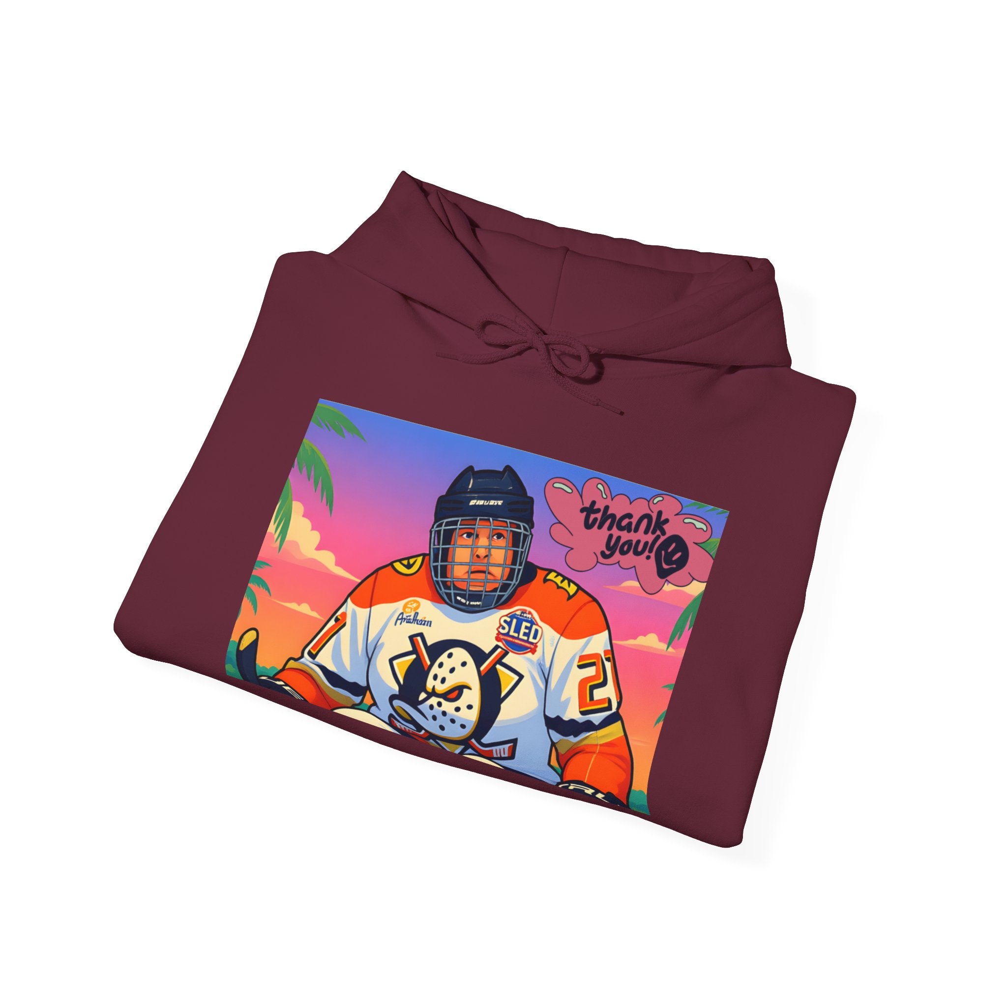 Hockey Player Retro Sunset Hoodie — Vintage Anaheim Skate Jersey Graphic