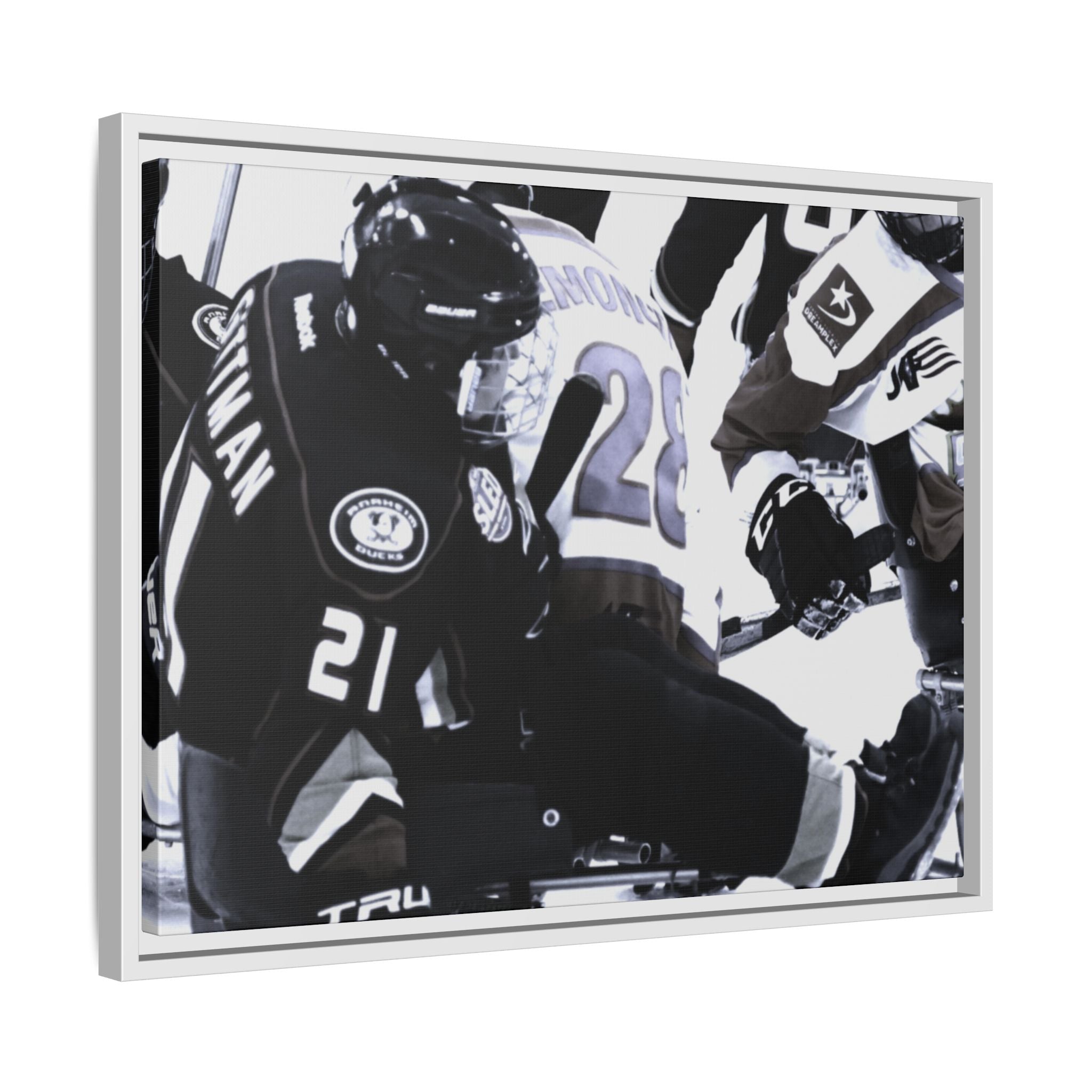 Framed Hockey Action Matte Canvas Print — Black & White Sports Wall Art