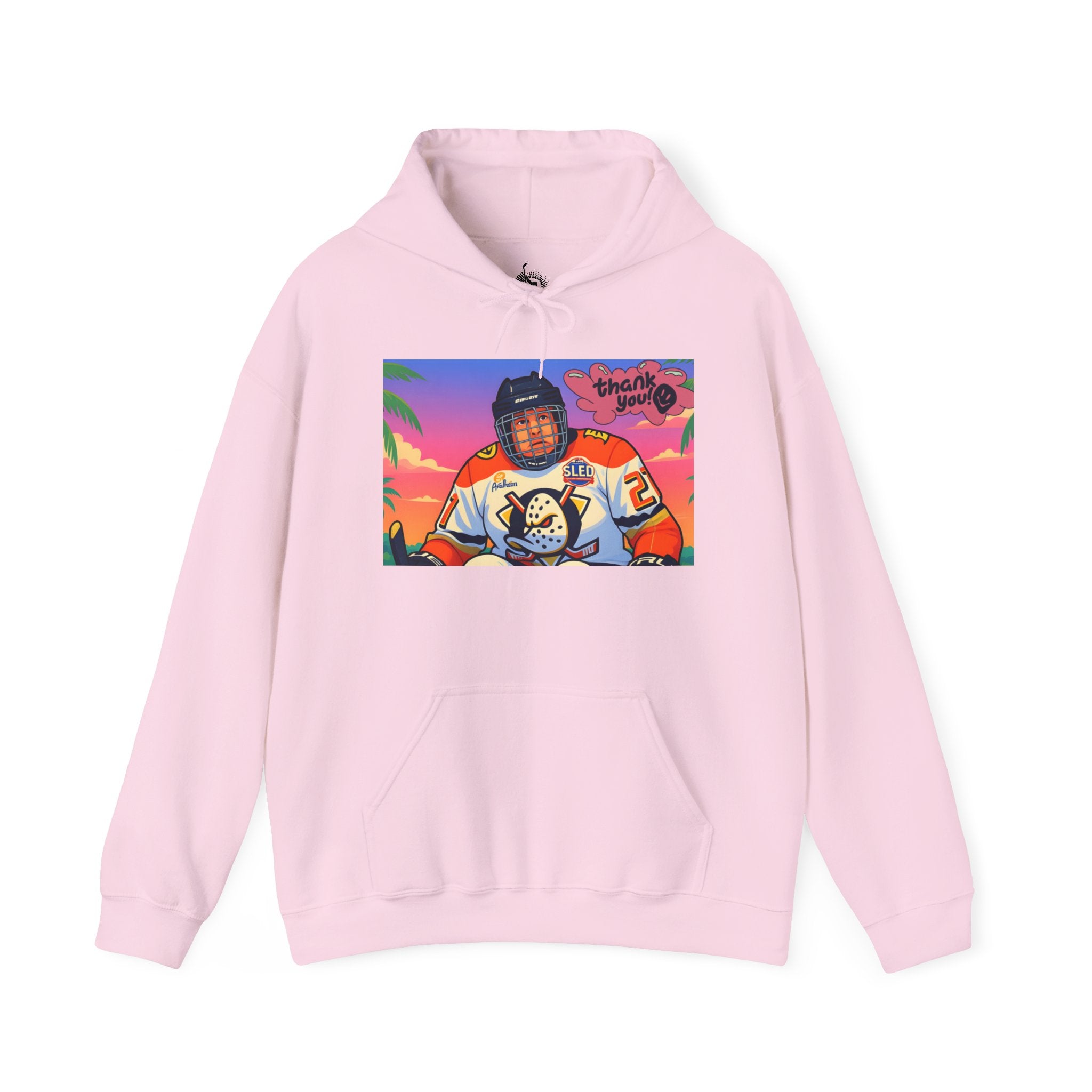 Hockey Player Retro Sunset Hoodie — Vintage Anaheim Skate Jersey Graphic