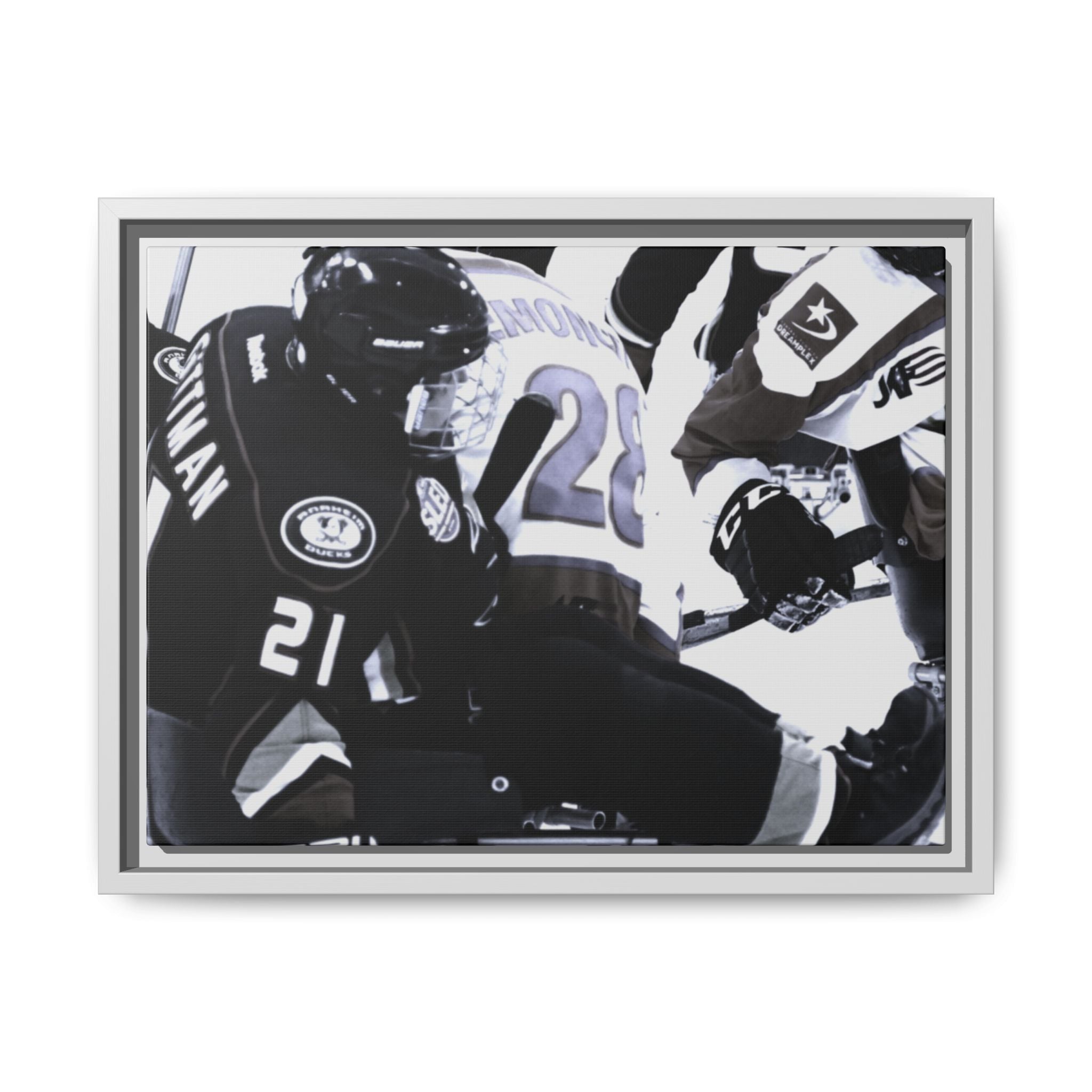 Framed Hockey Action Matte Canvas Print — Black & White Sports Wall Art