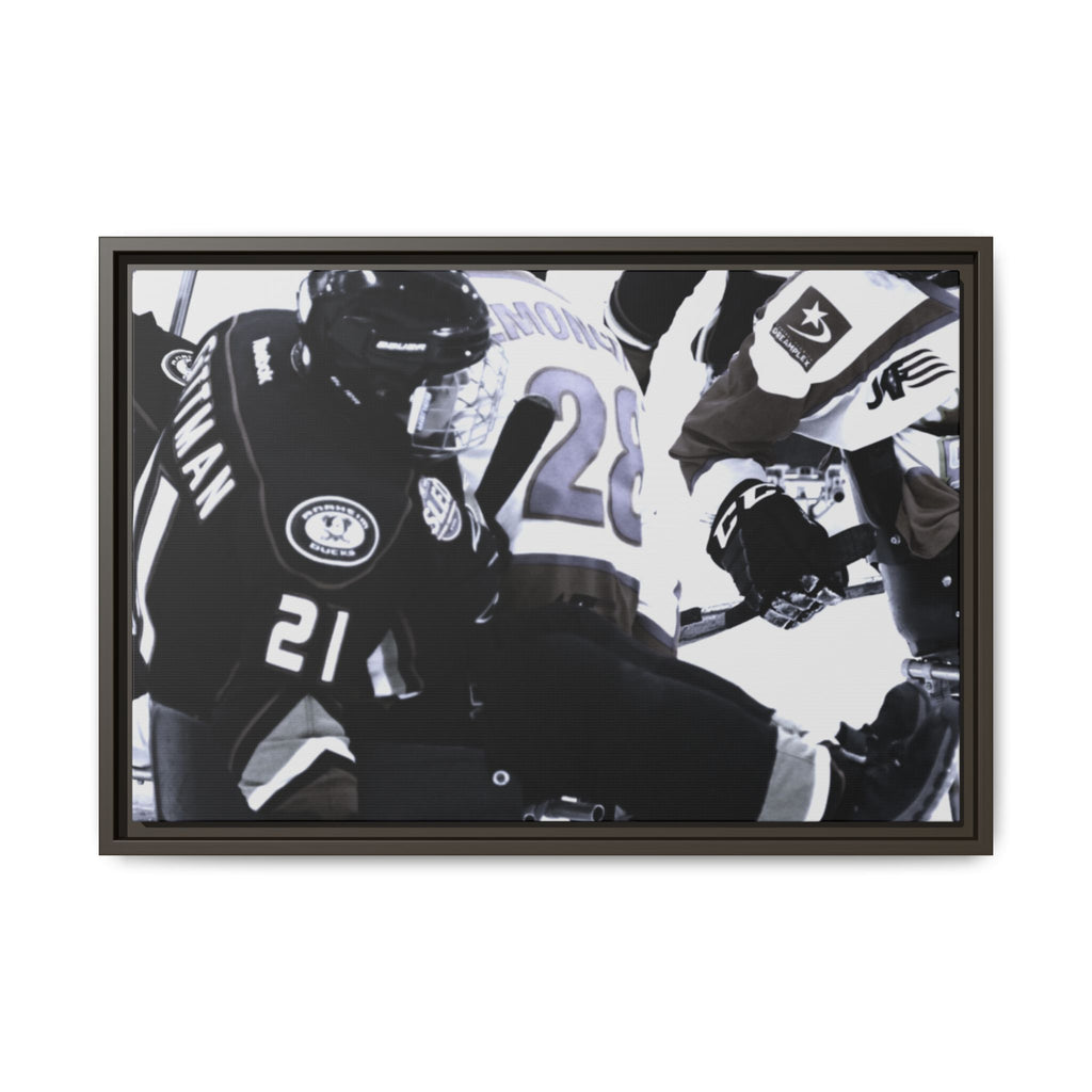 Framed Hockey Action Matte Canvas Print — Black & White Sports Wall Art