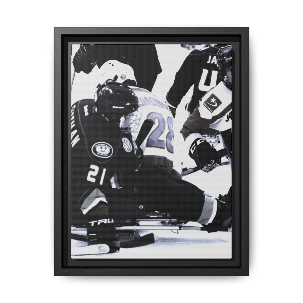Framed Hockey Action Matte Canvas Print — Black & White Sports Wall Art