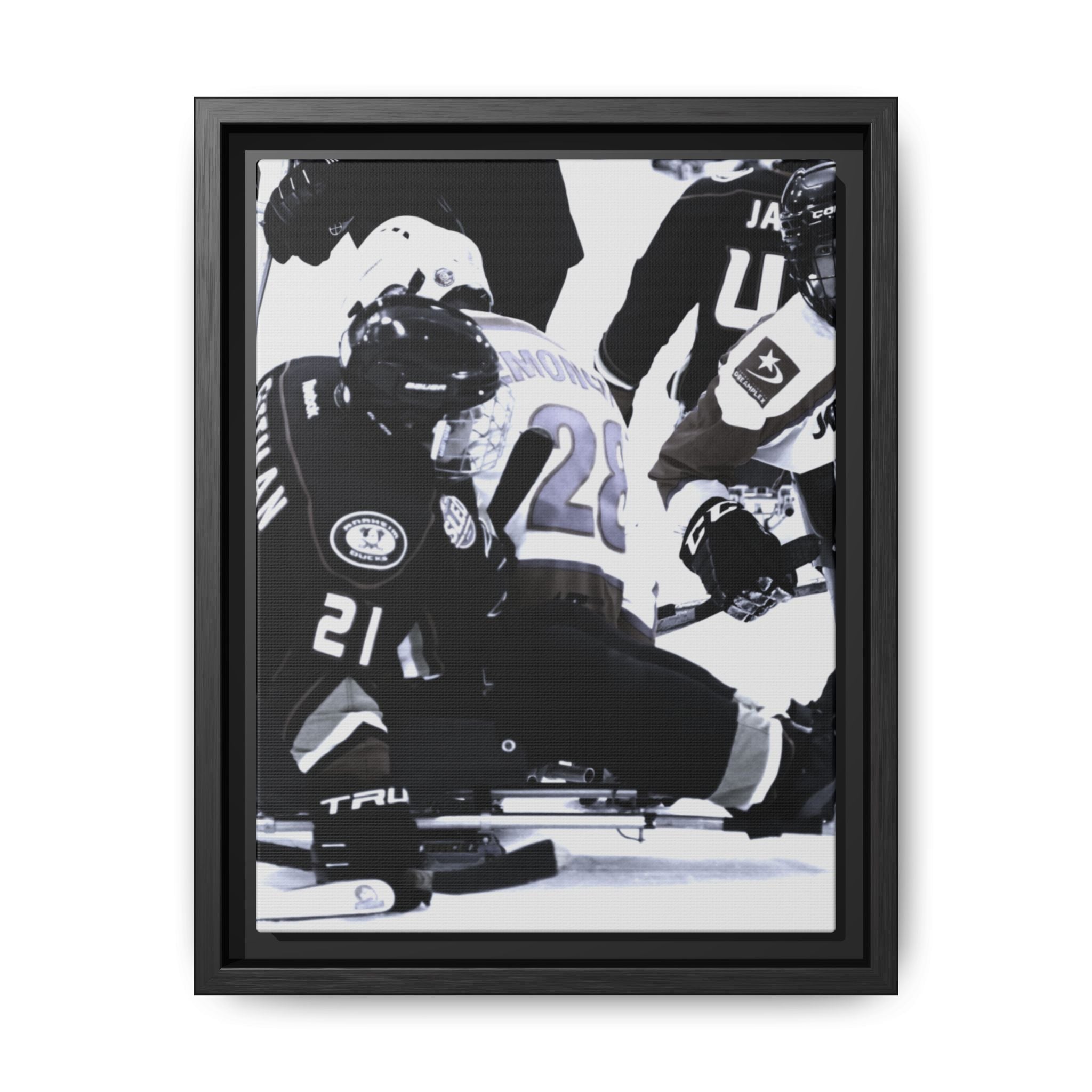 Framed Hockey Action Matte Canvas Print — Black & White Sports Wall Art