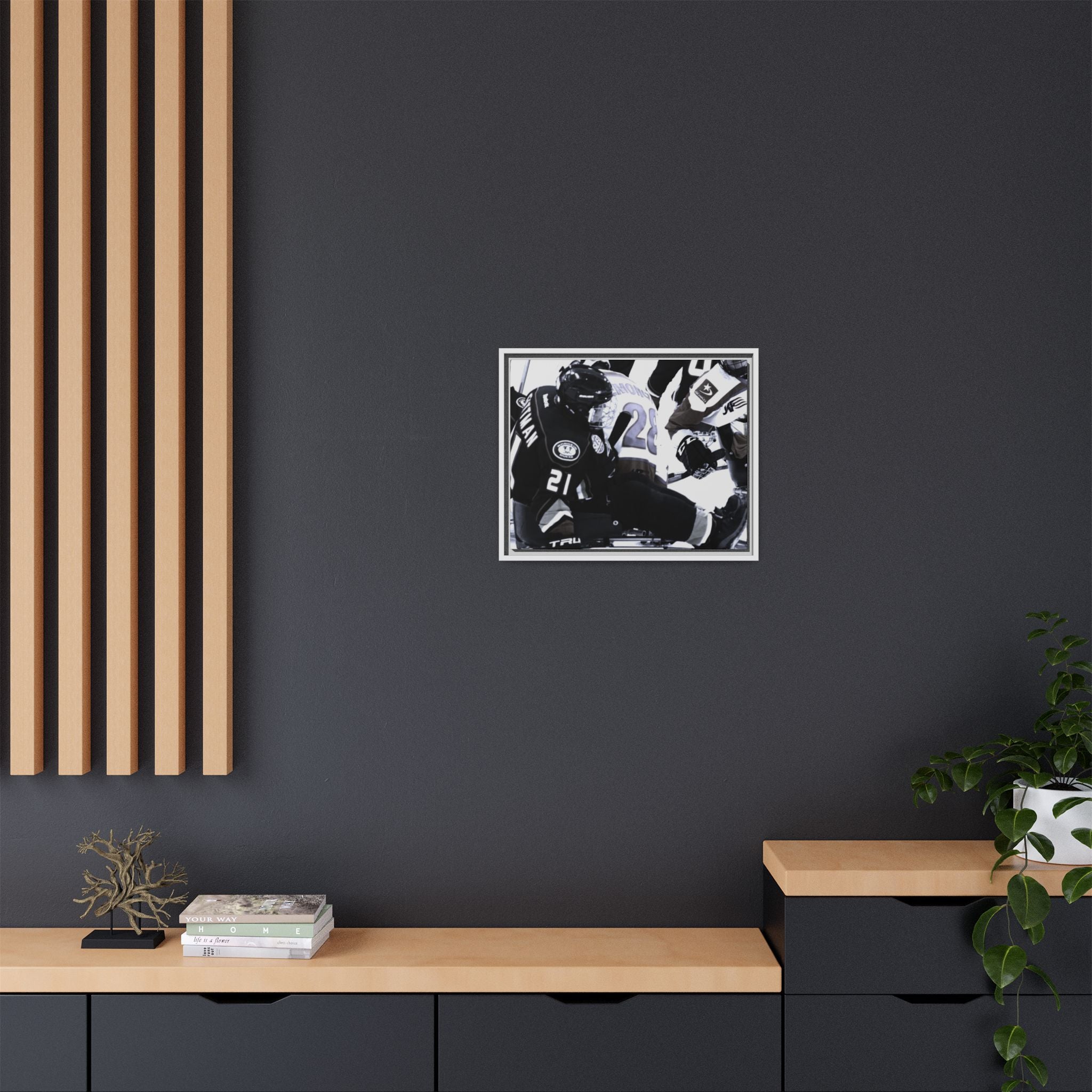 Framed Hockey Action Matte Canvas Print — Black & White Sports Wall Art