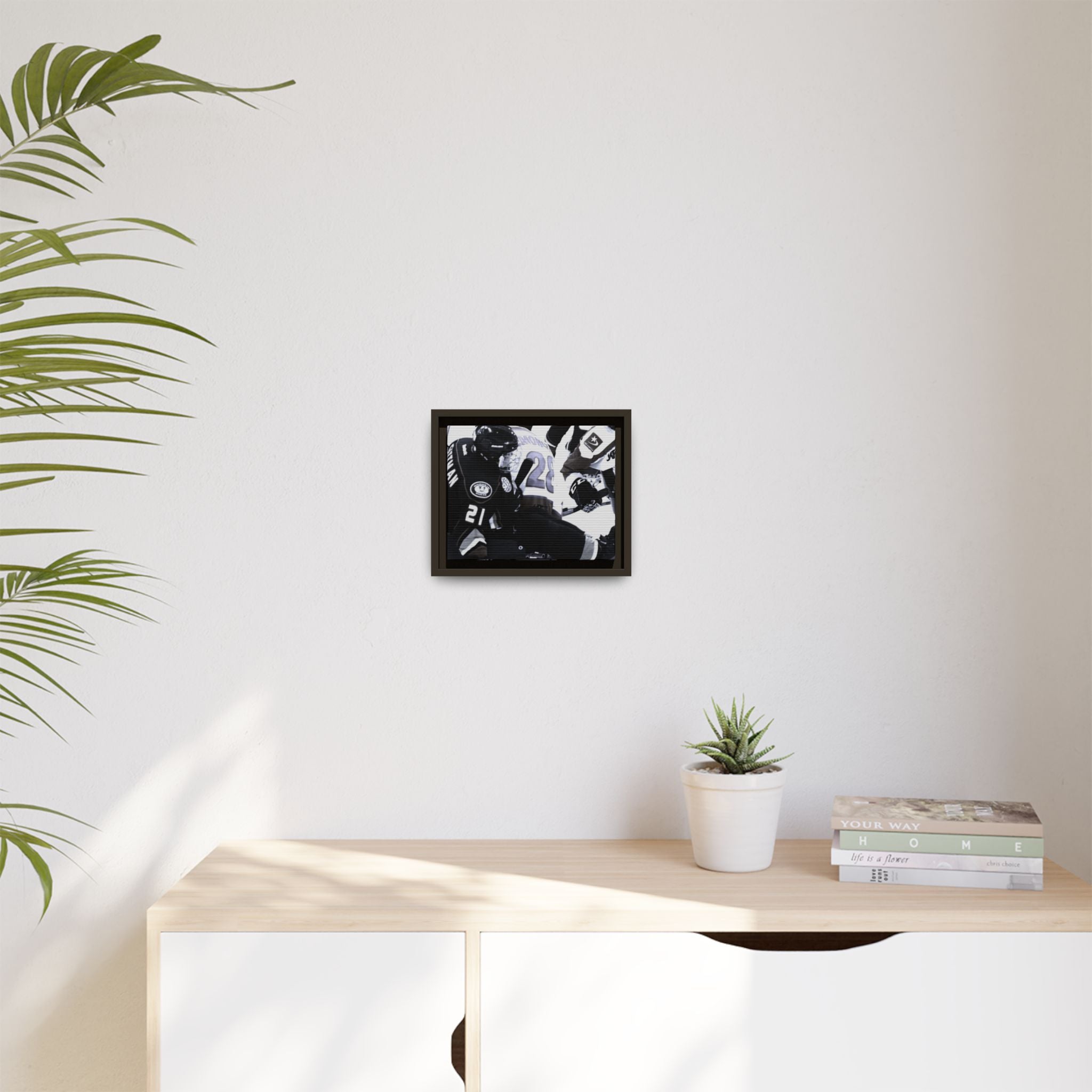 Framed Hockey Action Matte Canvas Print — Black & White Sports Wall Art