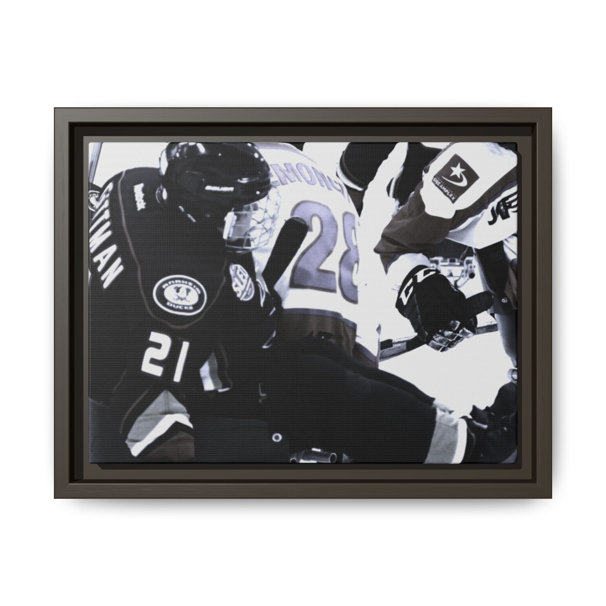 Framed Hockey Action Matte Canvas Print — Black & White Sports Wall Art