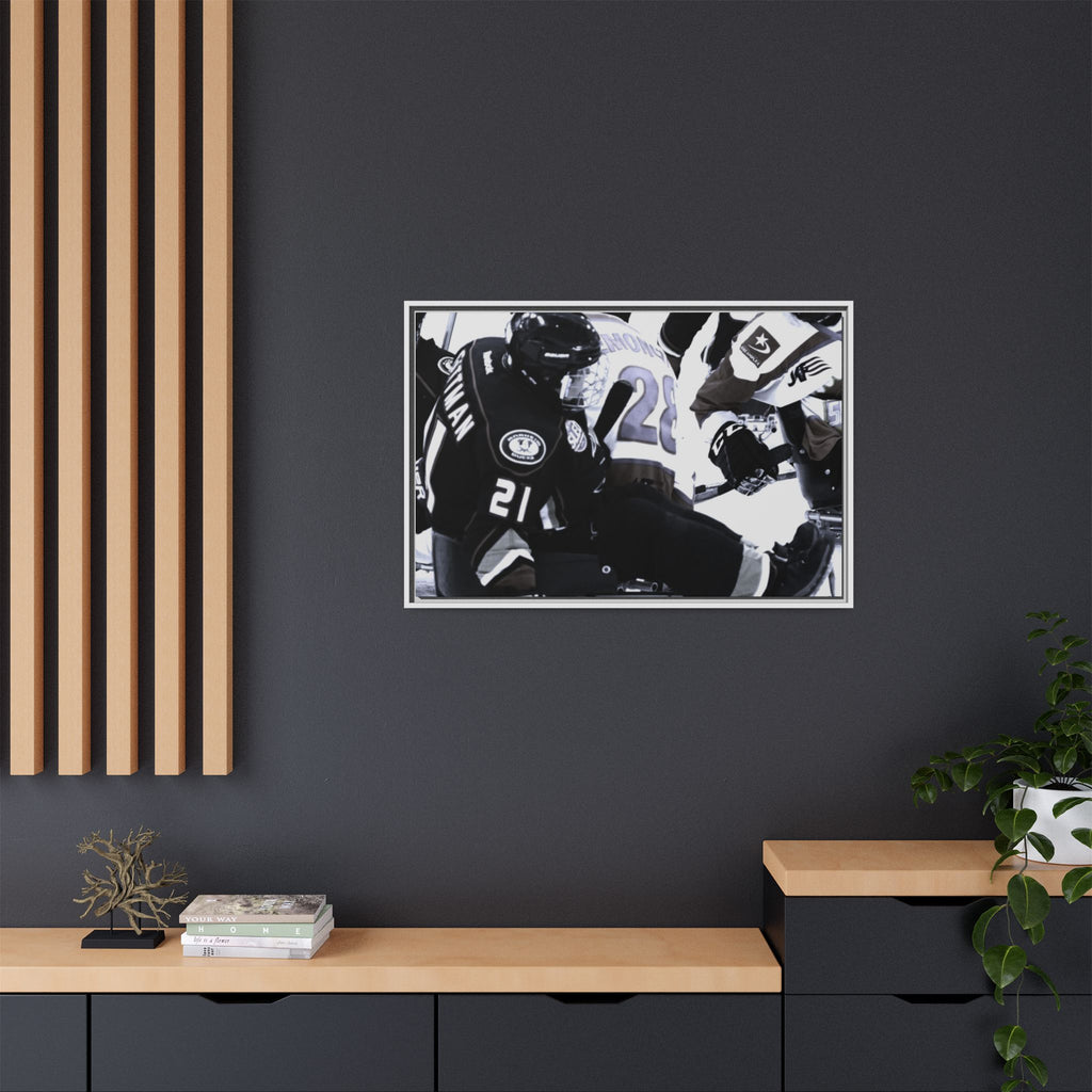 Framed Hockey Action Matte Canvas Print — Black & White Sports Wall Art