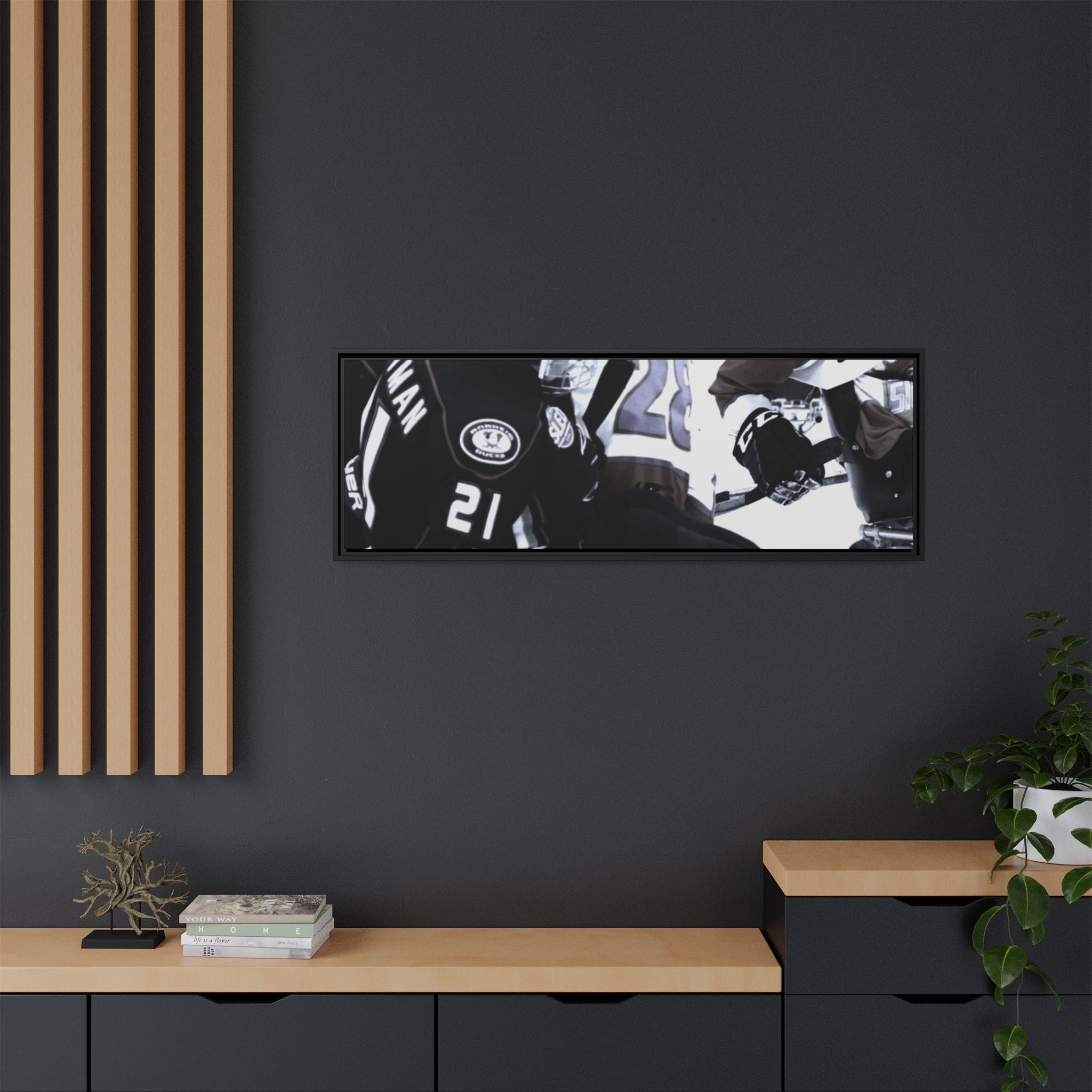 Framed Hockey Action Matte Canvas Print — Black & White Sports Wall Art