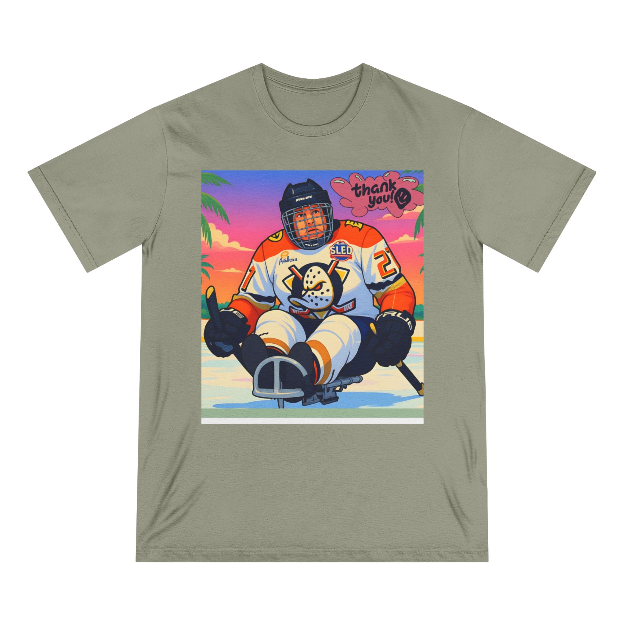 Hockey Sled Player Graphic T-Shirt — "Thank You" Retro Beach Vibe