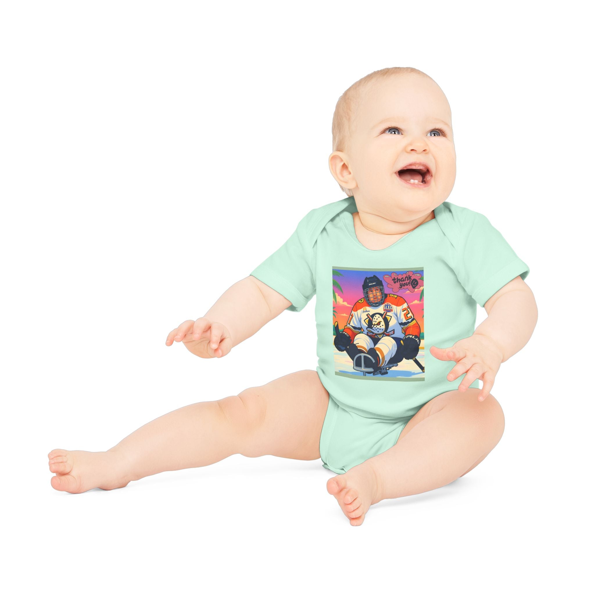 Hockey Baby Bodysuit — Cute Retro Goalie Graphic Organic Short Sleeve