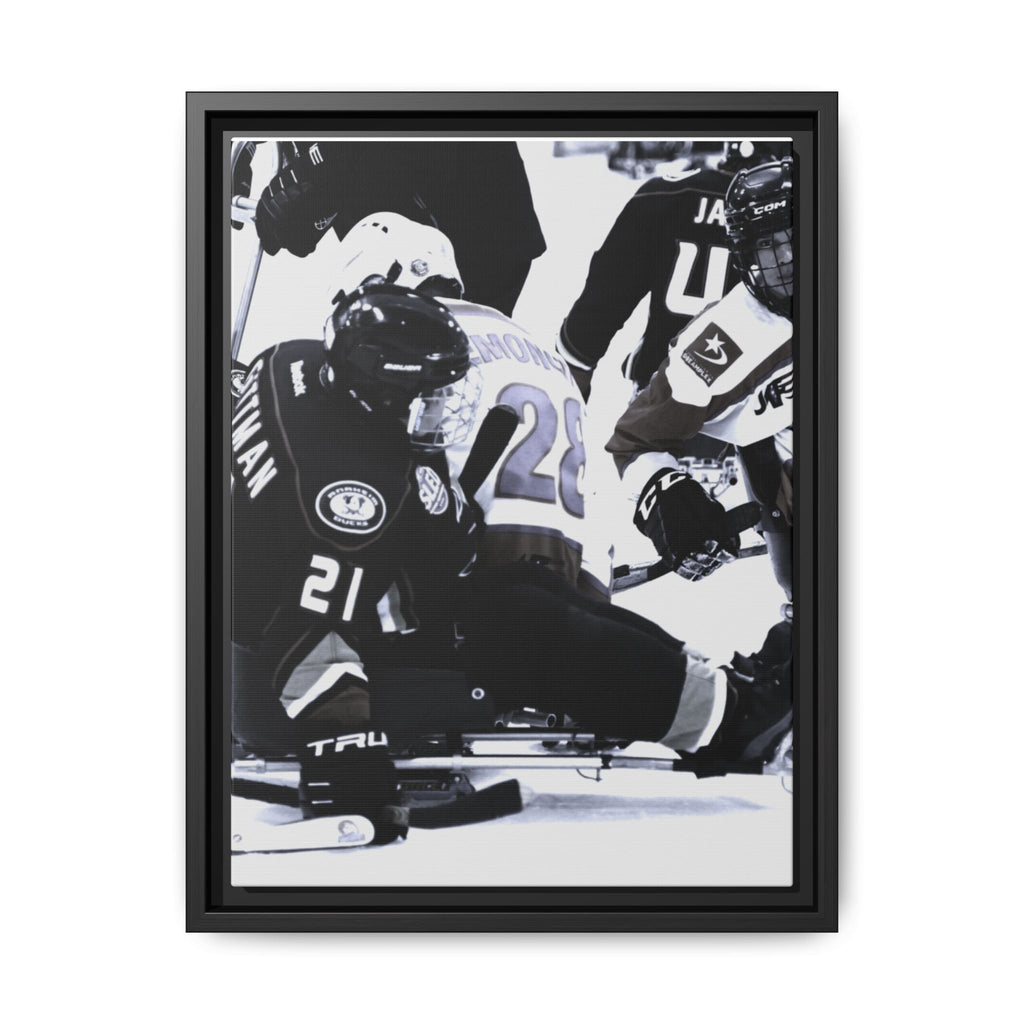 Framed Hockey Action Matte Canvas Print — Black & White Sports Wall Art