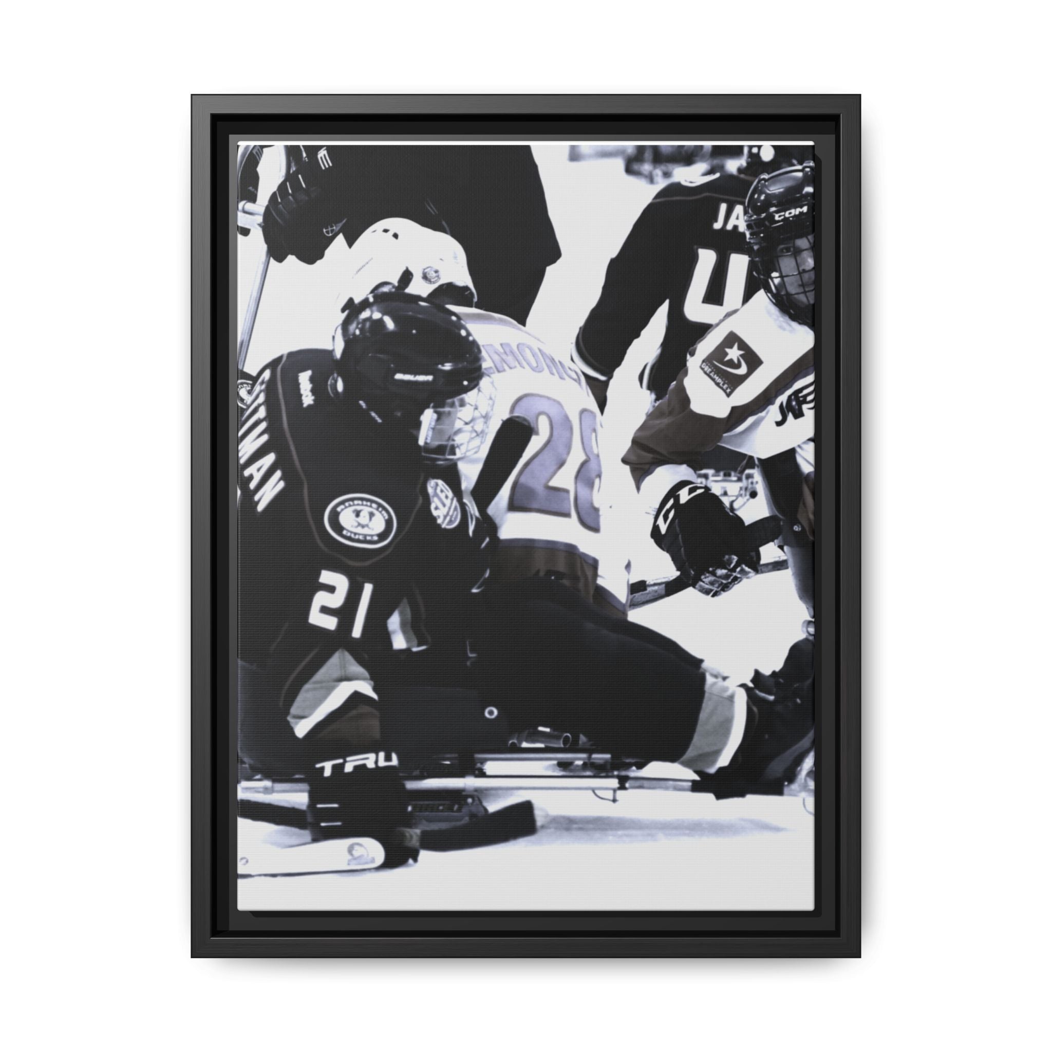 Framed Hockey Action Matte Canvas Print — Black & White Sports Wall Art
