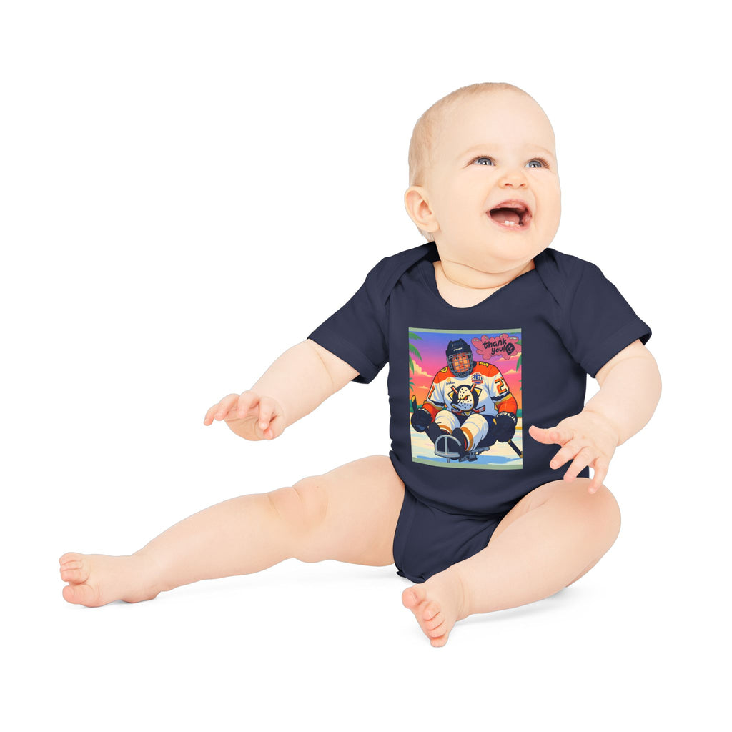 Hockey Baby Bodysuit — Cute Retro Goalie Graphic Organic Short Sleeve
