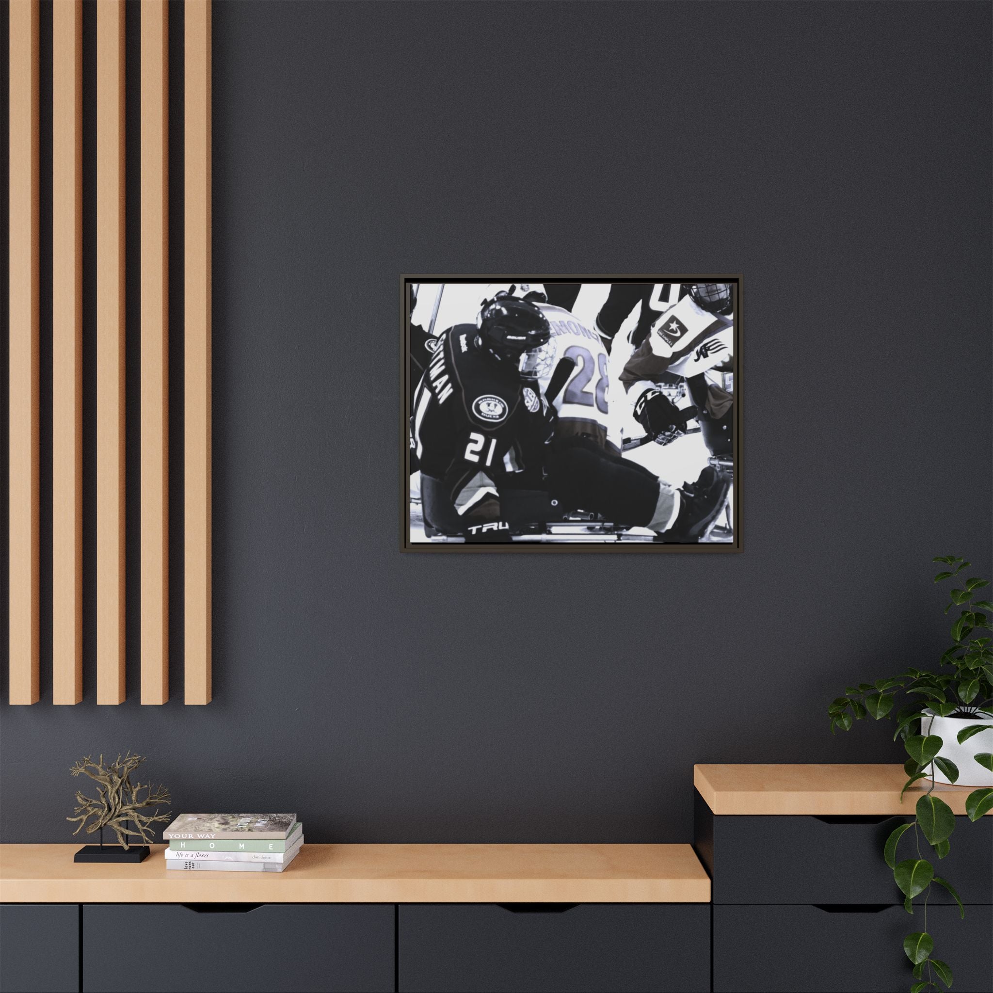 Framed Hockey Action Matte Canvas Print — Black & White Sports Wall Art