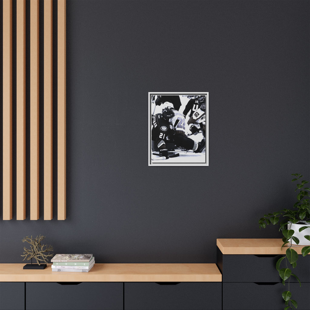 Framed Hockey Action Matte Canvas Print — Black & White Sports Wall Art